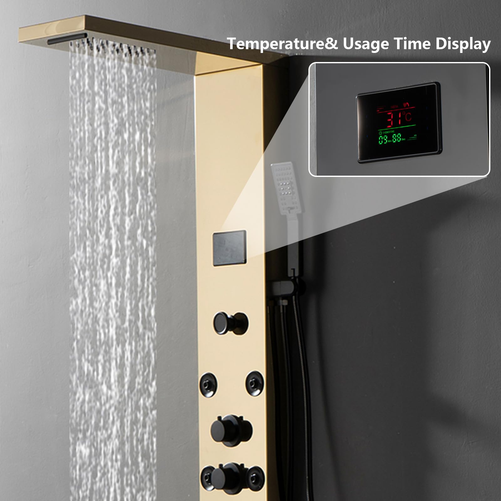 LED Gold Shower Tower 304 Stainless Steel 4 In 1 Shower Panels System