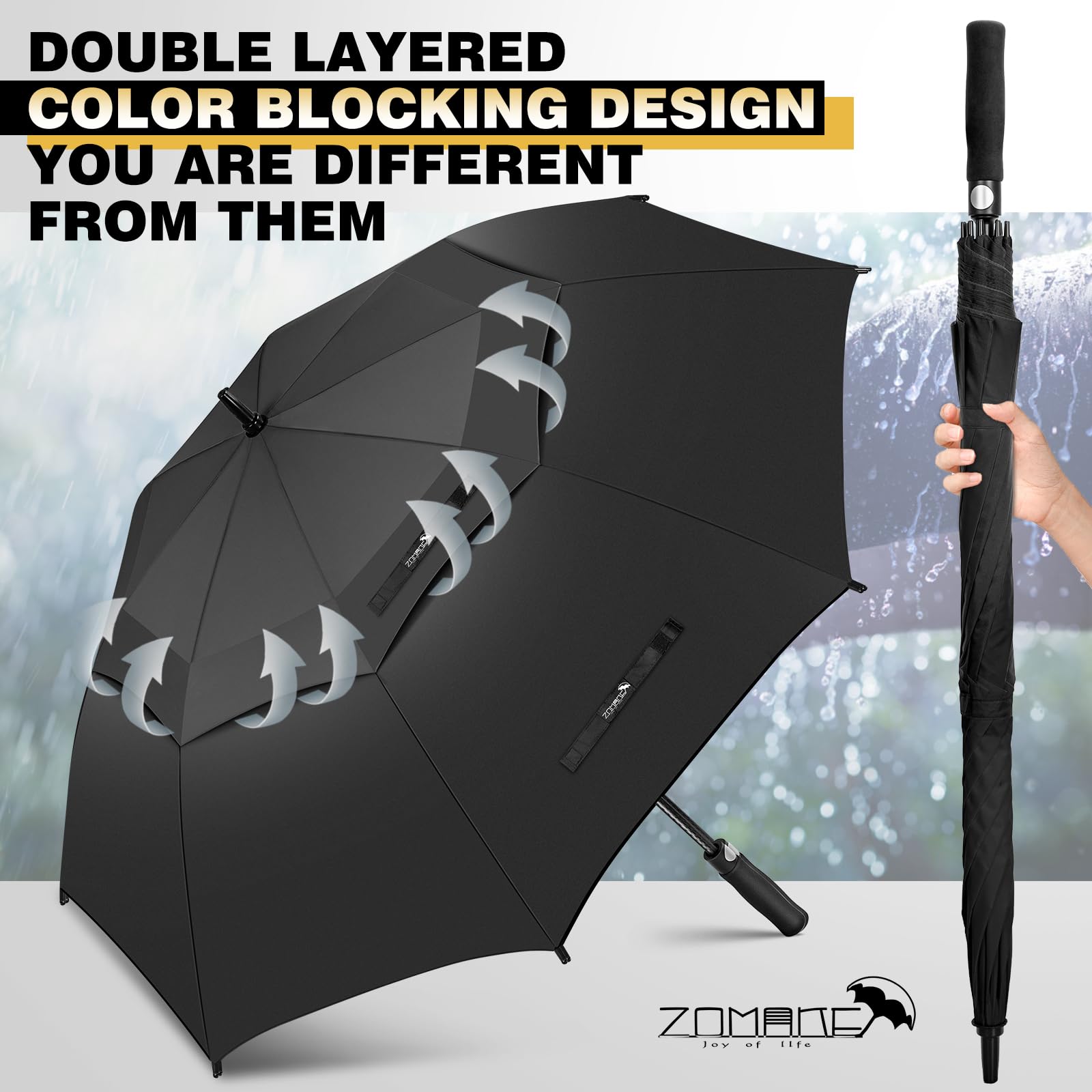 ZOMAKE Ombrello da golf antivento e antipioggia 172,7 cm, grande ombrello antivento forte, infrangibile, grande ombrello da golf, doppio baldacchino, per uomini e donne