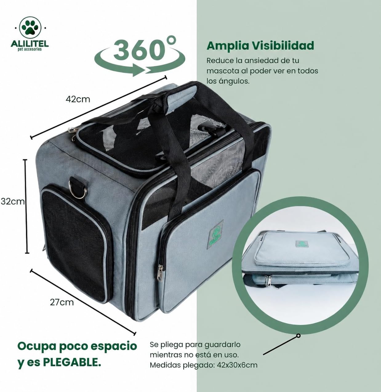 Transportin Gato Perro, Mochila Transporte para Mascotas, Transportin Transpirable con Asas y Correa de Hombro, Incluye Organizador de Documentos