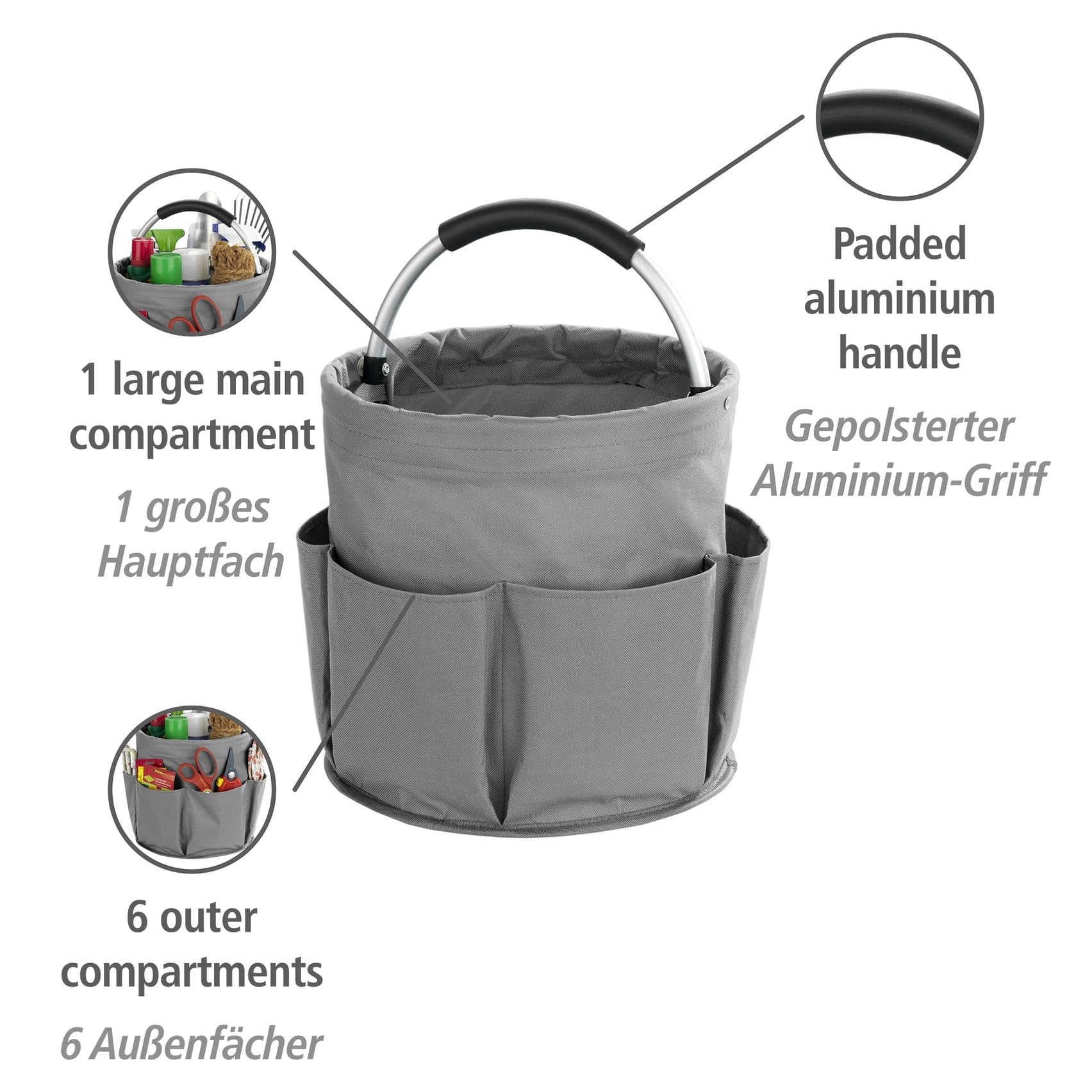 WENKO Organizer universale per la pulizia della casa e del giardino con 6 scomparti per elettrodomestici, attrezzi, utensili per la pulizia, Ø 28 x 26,5 cm, antracite