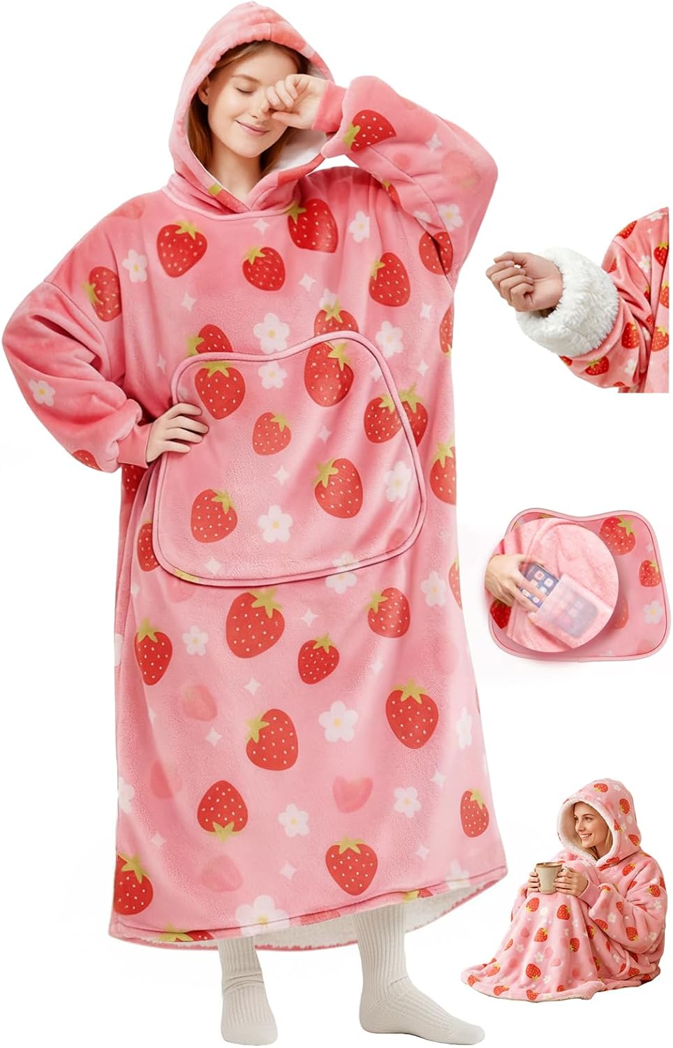 Mewaii Wearable Blanket Hoodie for Adults, Warm Sherpa & Soft Flannel Long Sweatshirt with Giant Pocket, Cozy Gifts for Women