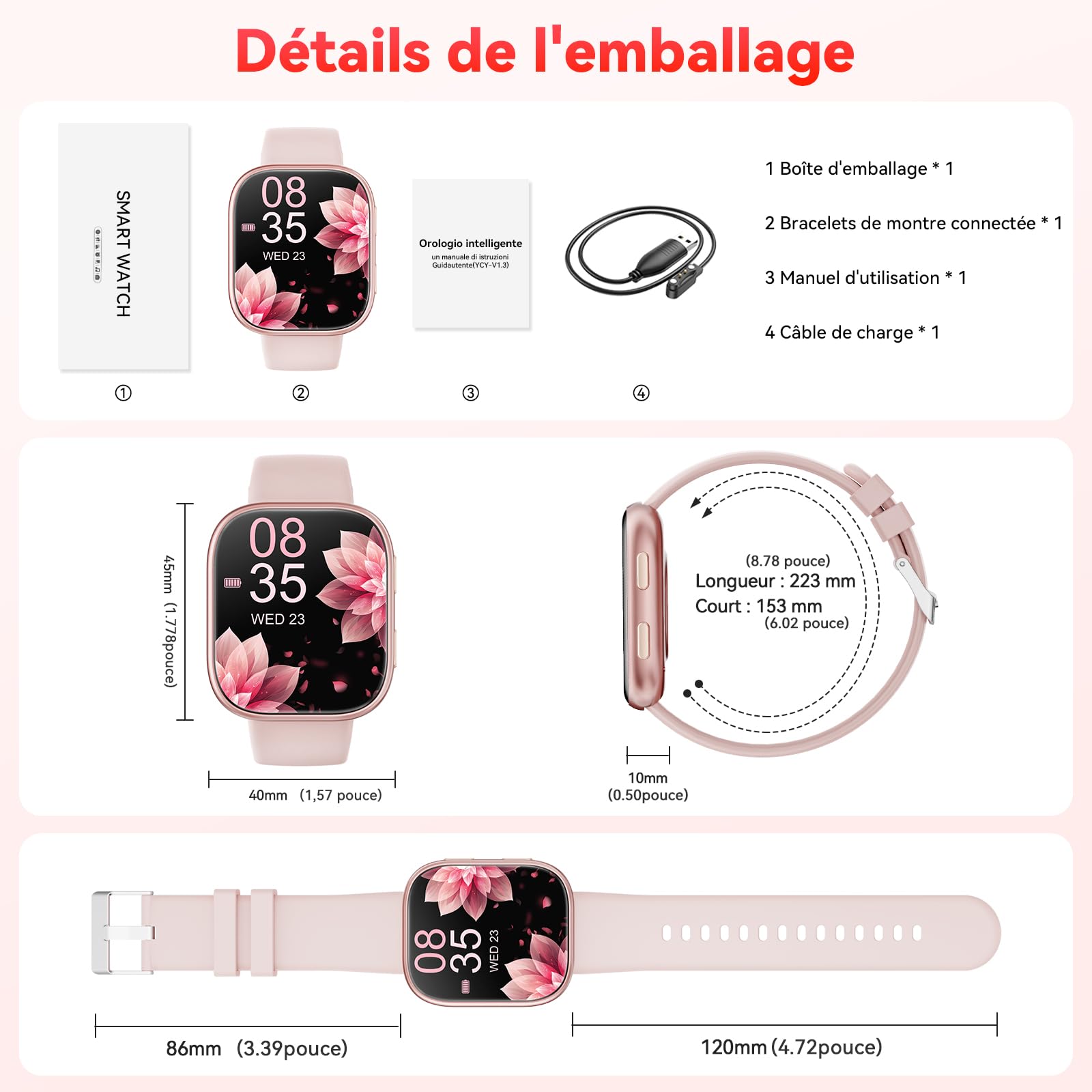 Mingtawn Montre Connectée Femme Homme avec Appel Bluetooth, 1.83'' HD Smartwatch pour 100+ Modes Sportifs, Fréquence Cardiaque, Sommeil, SpO2, IP68 Etanche Fitness Tracker pour iOS Android（Rose）