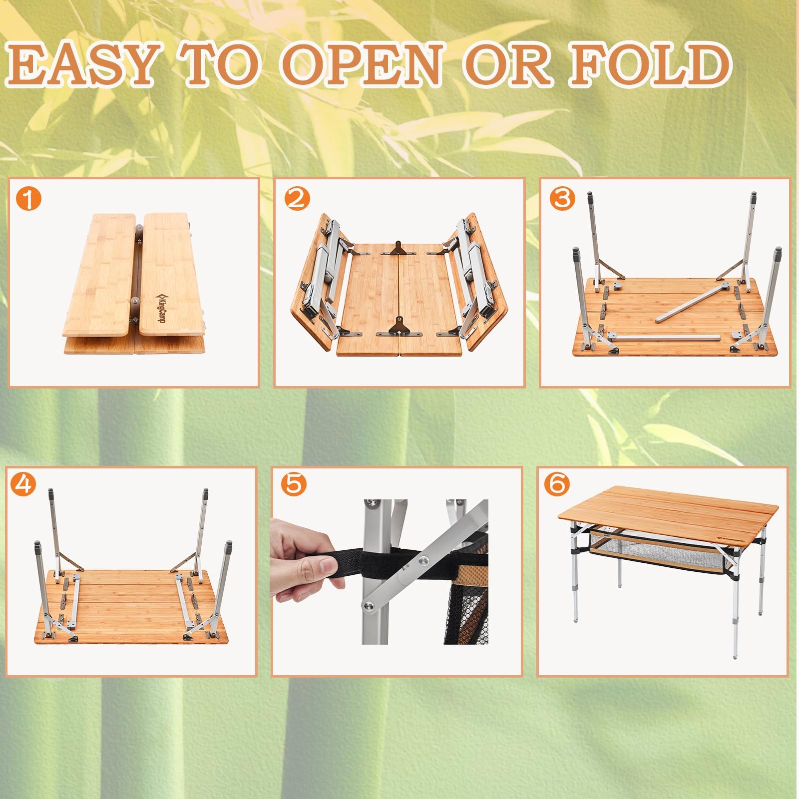 KingCamp Bamboo Folding Table Camping Table with Large Storage Bag Adjustable Height Aluminum Legs Heavy Duty 176 lbs 4-Fold Portable Camp Tables for Travel, Picnic, RV, 4-5 People