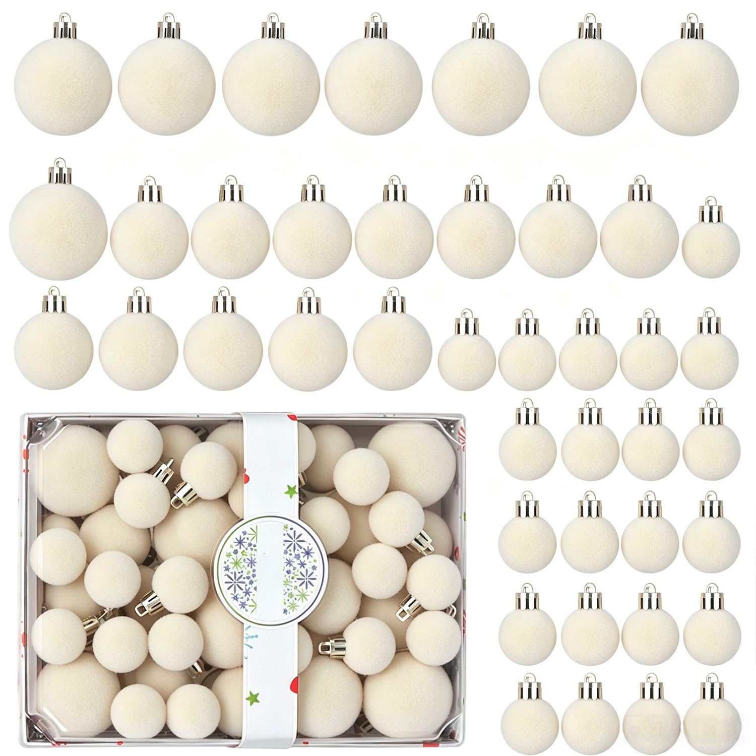 42Pcs Velvet Christmas Baubles Balls Shatterproof 3-5cm Hanging Ornaments Christmas Tree Decorations Burgundy Large & Small Bauble for Xmas Party Holiday Decor (Beige)