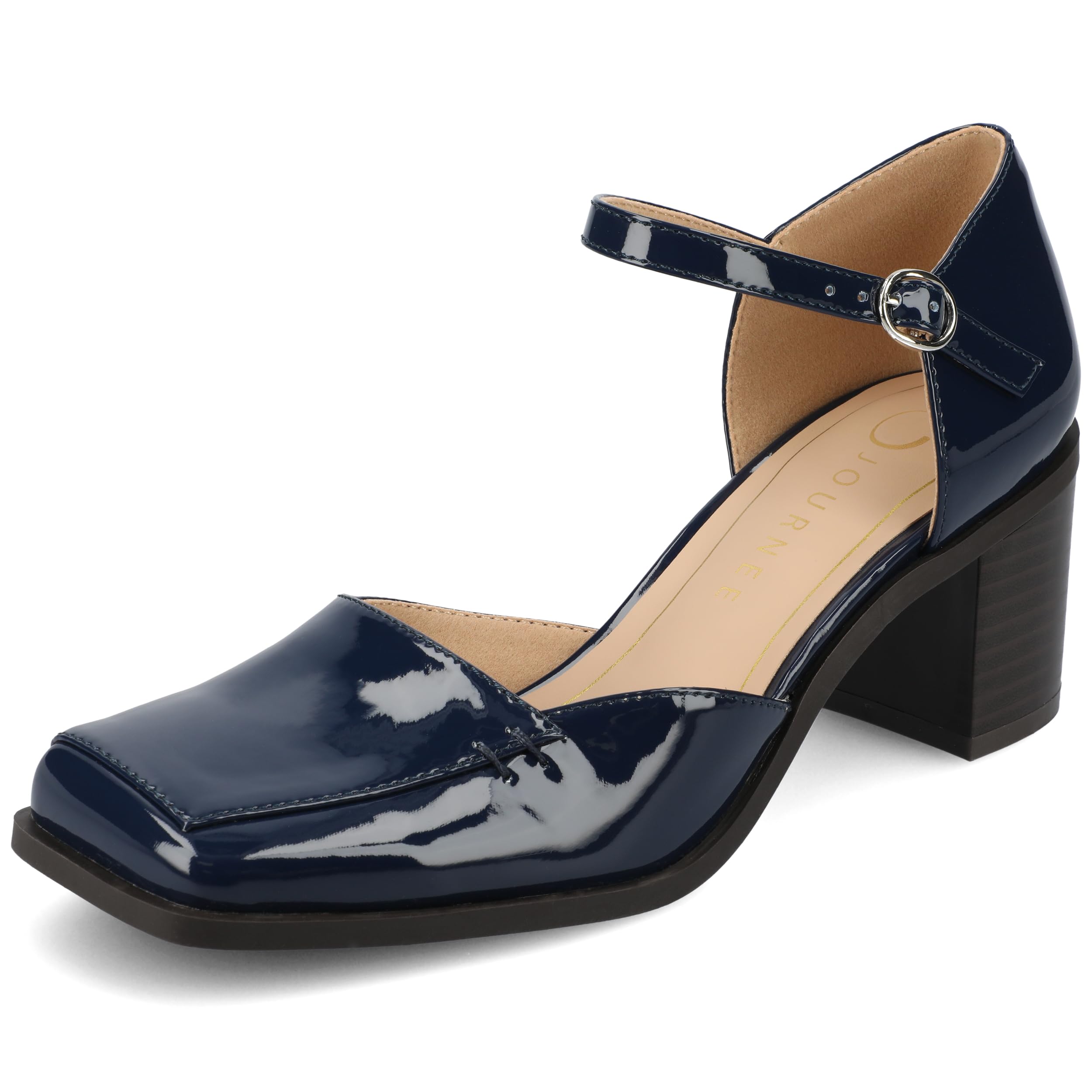Journee Collection Womens Buckle Strap Open Square Toe Chunky Stacked Block Heel Evangeline Comfort Foam Pumps
