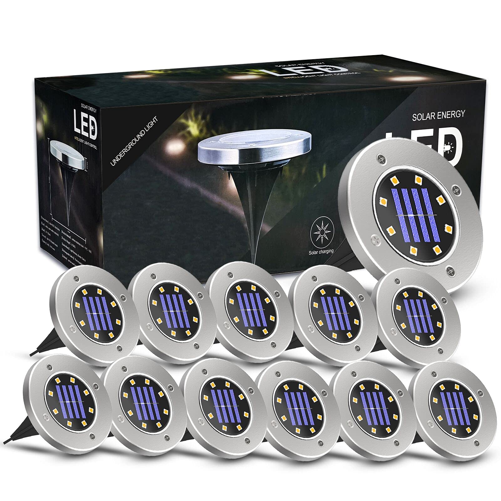 12 Pack Solar In- Ground Lights,Workglory 8 LED Beads for Garden Path Outdoor,Easy in Ground Install Landscape Lighting Solar Powered