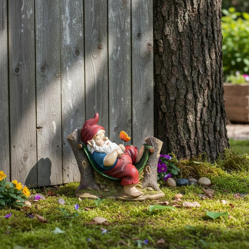 Comfy Hour 8"x7" Garden Gnome Statues for Outdoor Decor, Rustic Antique Vintage Dwarf Figurine, Sleeping Gnome on Stump Statue for Yard Home Decor