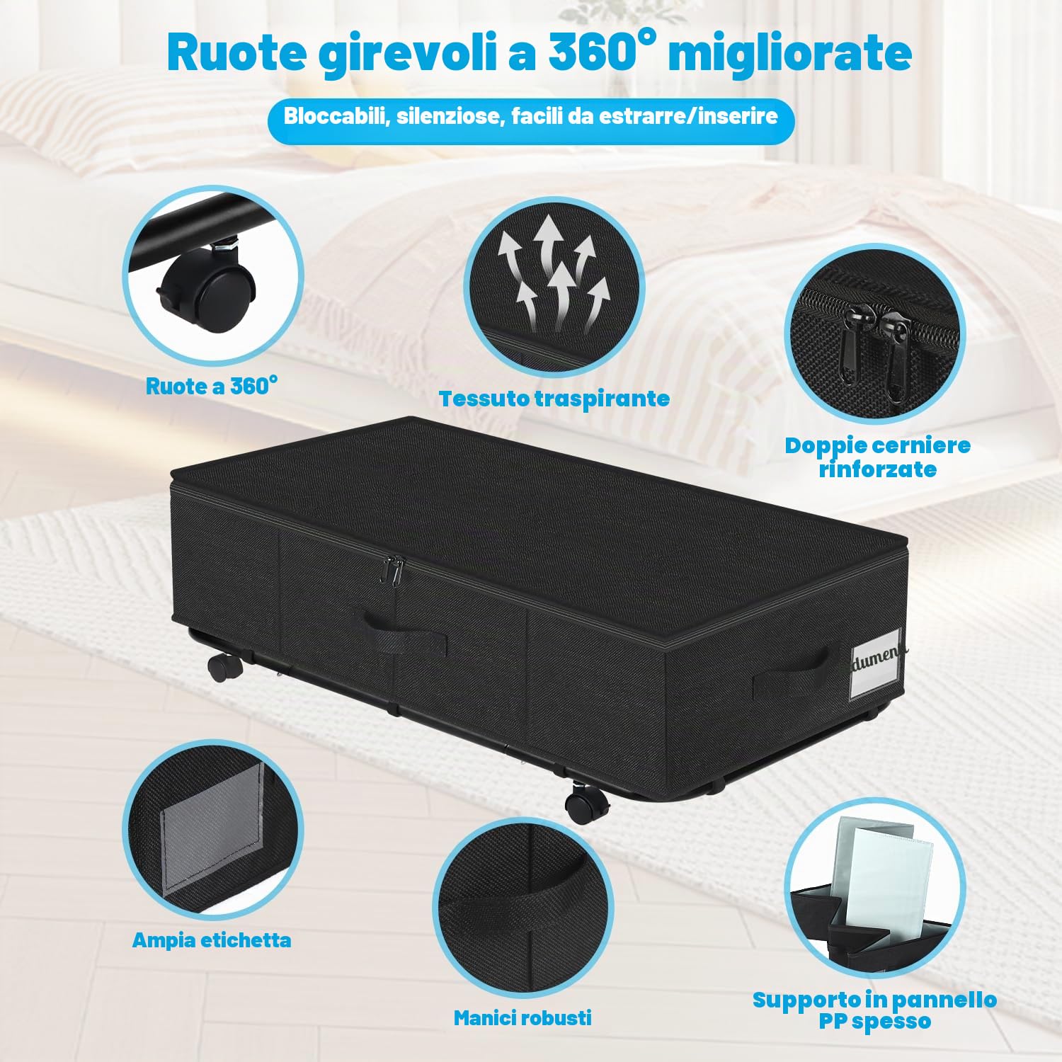 Contenitori portaoggetti da 50 l XL, robusti, con ruote, confezione da 2 contenitori arrotolabili sotto il letto, cassetti con supporto inferiore in metallo, contenitori per camera da letto con