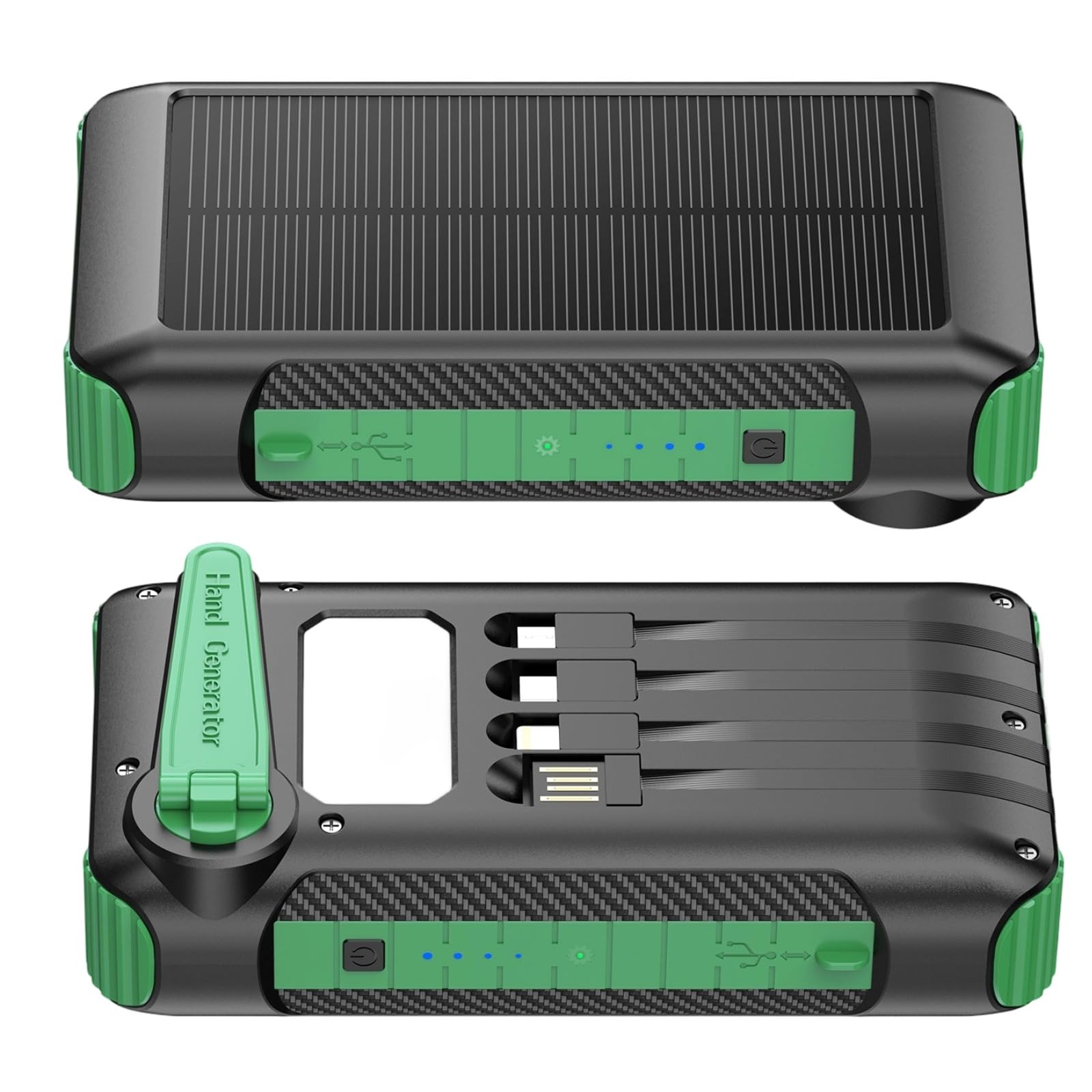 Power Bank da 20000 mAh, caricatore portatile con generatore a manovella, ricarica rapida, 3 cavi di uscita, torcia a LED, luce da campeggio, certificata UKCA per campeggio all'aperto