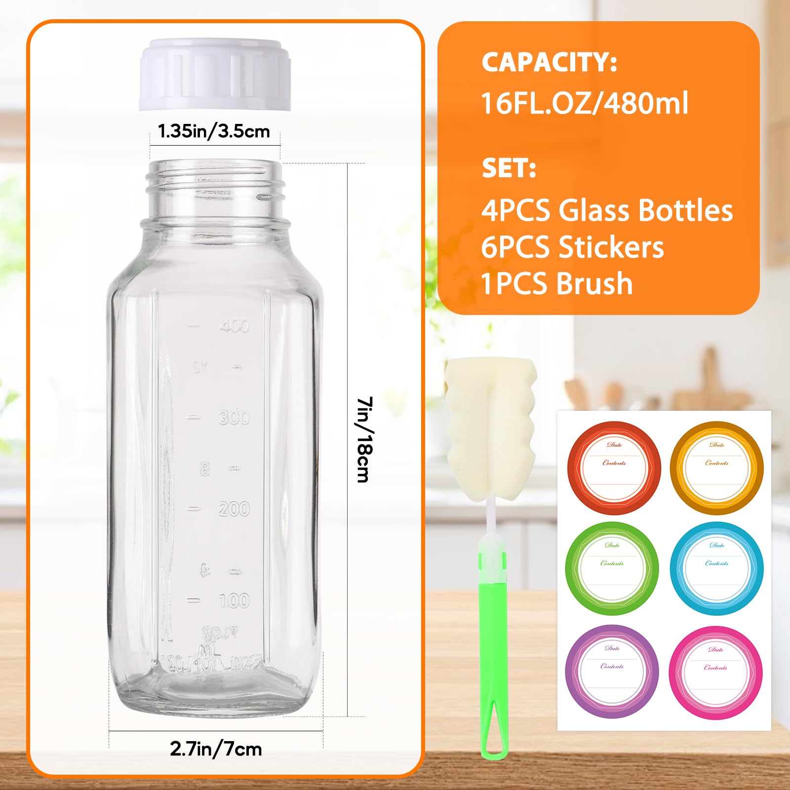 EkkoVla 500ml Glass Bottles with Airtight Lids, 4 Pack Reusable Juice Bottles with Scale, for Milk Smoothies, Beverages - Image 2
