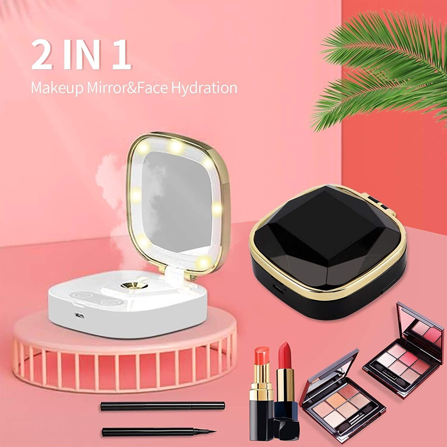 Mini parowiec do twarzy - przenośny nawilżacz spa z lusterkiem do makijażu, tryb LED Light 3, opryskiwacz do twarzy Nano Ionic Warm Mist, sauna na twarz, wilgotna skóra, biały