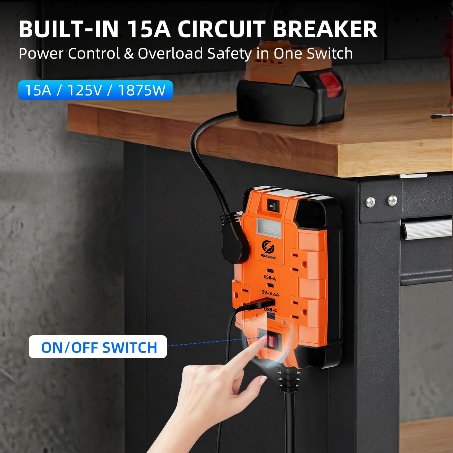 Magnetic Power Strip with Surge Protector, 6FT Power Cord with 360° Rotating Flat Plug, 4 AC Outlets & 4 USB Ports, Dual Magnets & 4 Mounting Holes for Workshop, Home and Office, ETL Listed, Orange