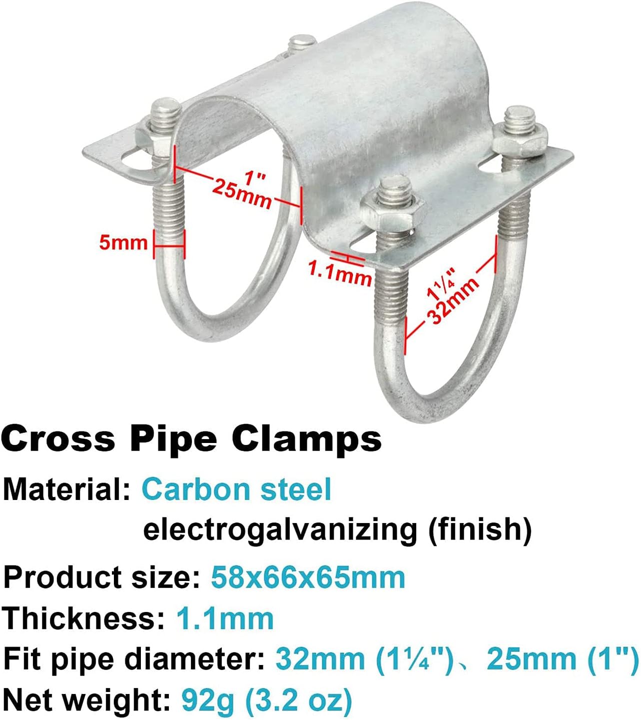 10 Pcs Cross Pipe Clamp Greenhouse Cross-Connector Adjustable U Bolt Fastening Clamps Fit 1x1¼ in Pipe for Awning Frame Top Rail Fence Scaffolding Piping