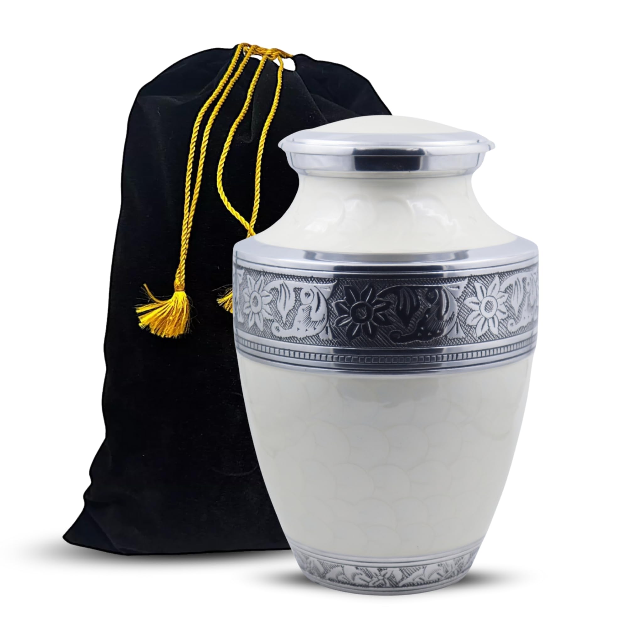 Urne funéraire gravée en argent pour cendres humaines adultes - Urne funéraire blanche nacrée à motif floral - 200 Cu dans une grande urne commémorative en métal avec sac en velours