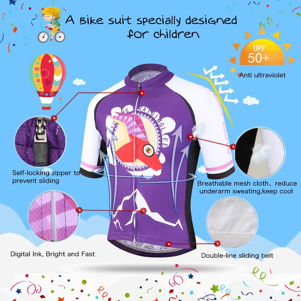 Kinder Jungen Fahrradbekleidung Set Mädchen Atmungsaktive Trikot Kurzarm & Radhose mit 3D Sitzpolster MTB Radsportanzug, Violett, 134/140(Herstellergröße: XL)