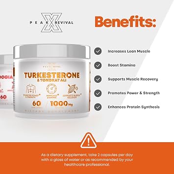 Turkesterone Tongkat Ali Supplement (500mg Ajuga Turkestanica + 250mg Tongkat Ali) 60 Capsules-Turkesterone Supplement 1000mg - Muscle Strength & Recovery Support - Made in The USA BY Peak Revival-X