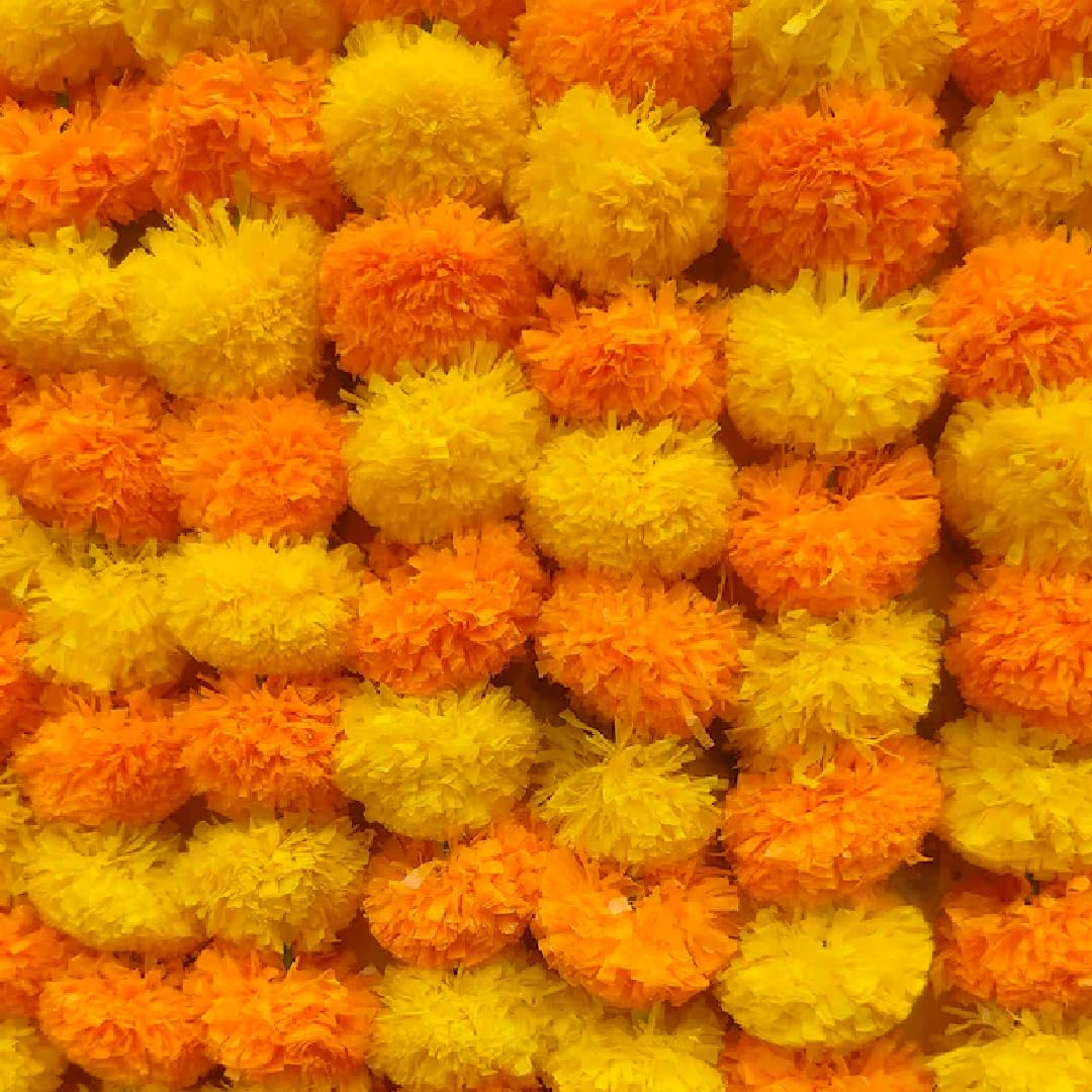 LYFJOY 10Piece Indian Handmade Artificial Genda/Marigold Flowers Garlands Decoration 5Ft Each Long Door Hanging Genda Phool for Wedding Festivals Yellow+Orange