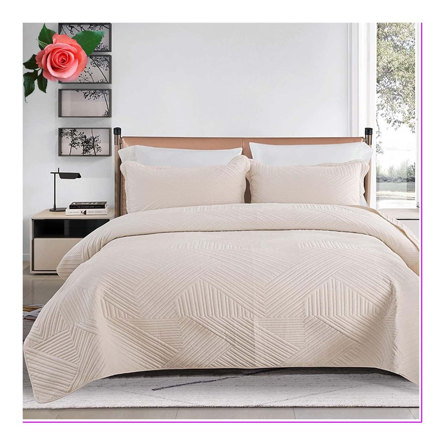 Colcha Cama 220x240, Cubrecamas 240x250 Blanca Microfibra, Juego de Colcha Verano Cama 180 Ultrasónica con 2 Fundas de Almohada 50x70cm, Manta de Verano Cama g5a ( Color : Beige White g1 , Size : 220x