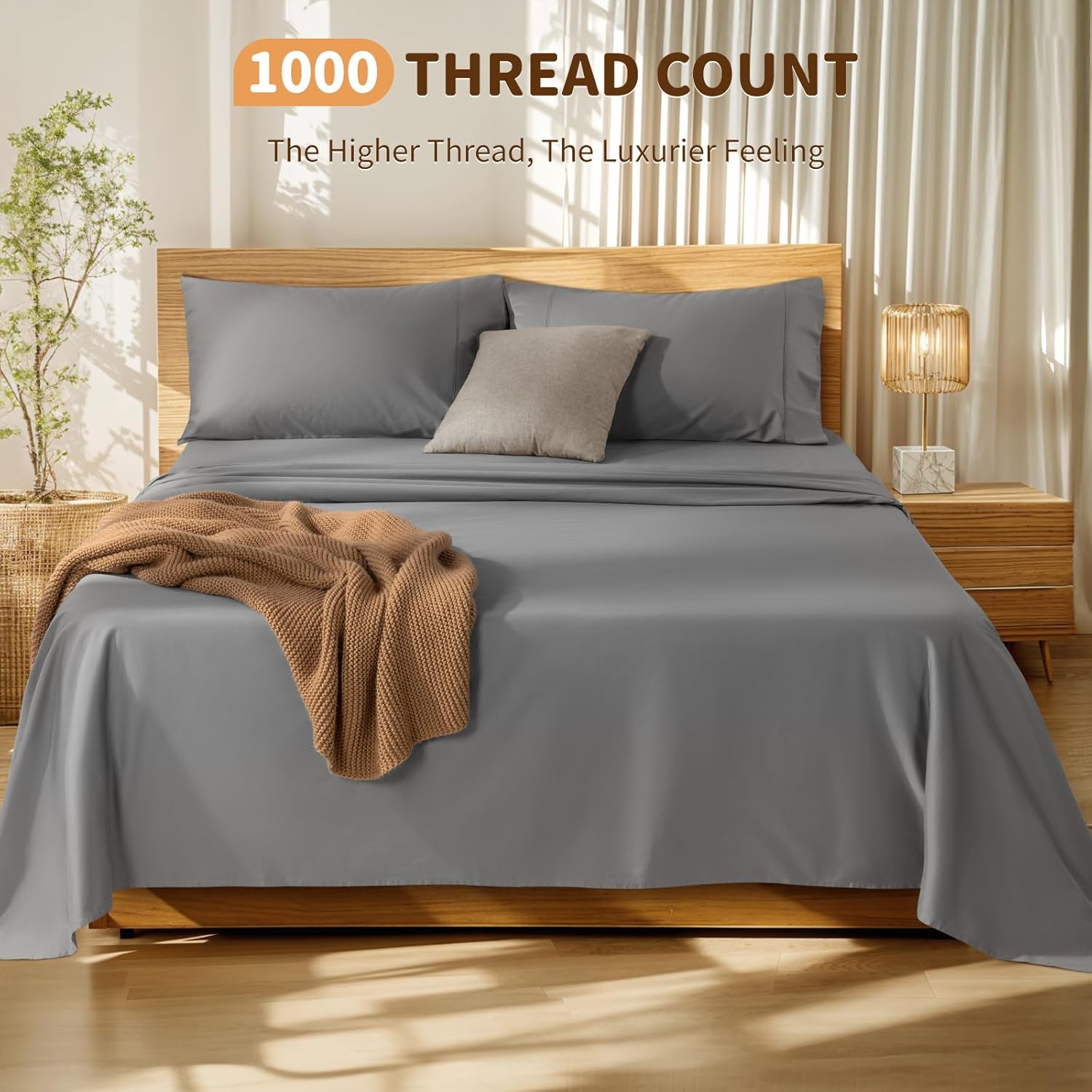 LBRO2M 100% Cotton Sheets Set Deep Pocket Up to 18"-24", 1000 Thread Count King Size 4 Pcs Bed Sheet Sets Soft Comfortable Bedding All Season (King, Gray) - Image 2