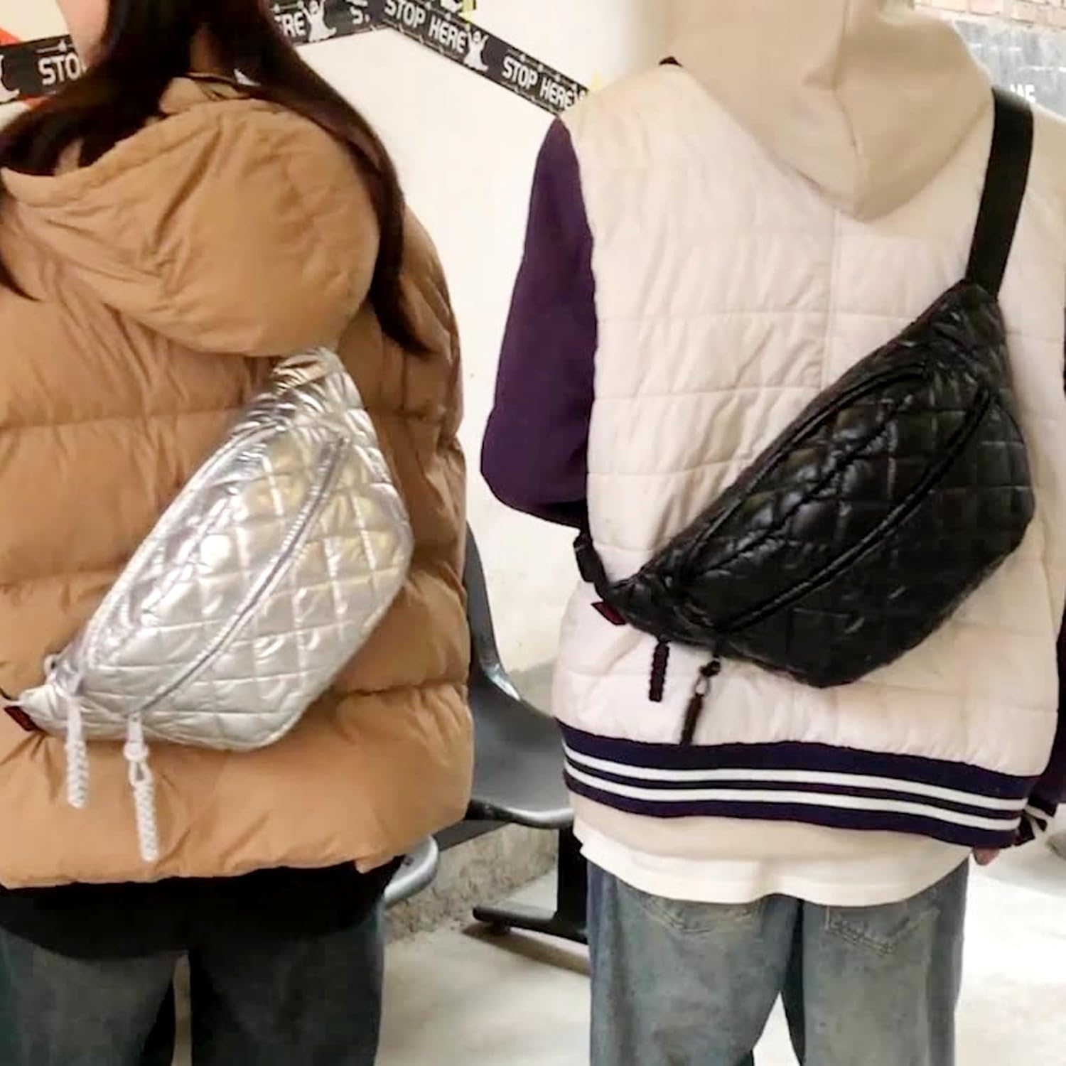 TWO KAT Metalic Quilted Chest Fanny Pack Crossbody Bag with Multi Pockets & Adjustable Strap, Fashionable Men Women Sling Backpack, Casual Waist Belt bag (Silver) - Image 4