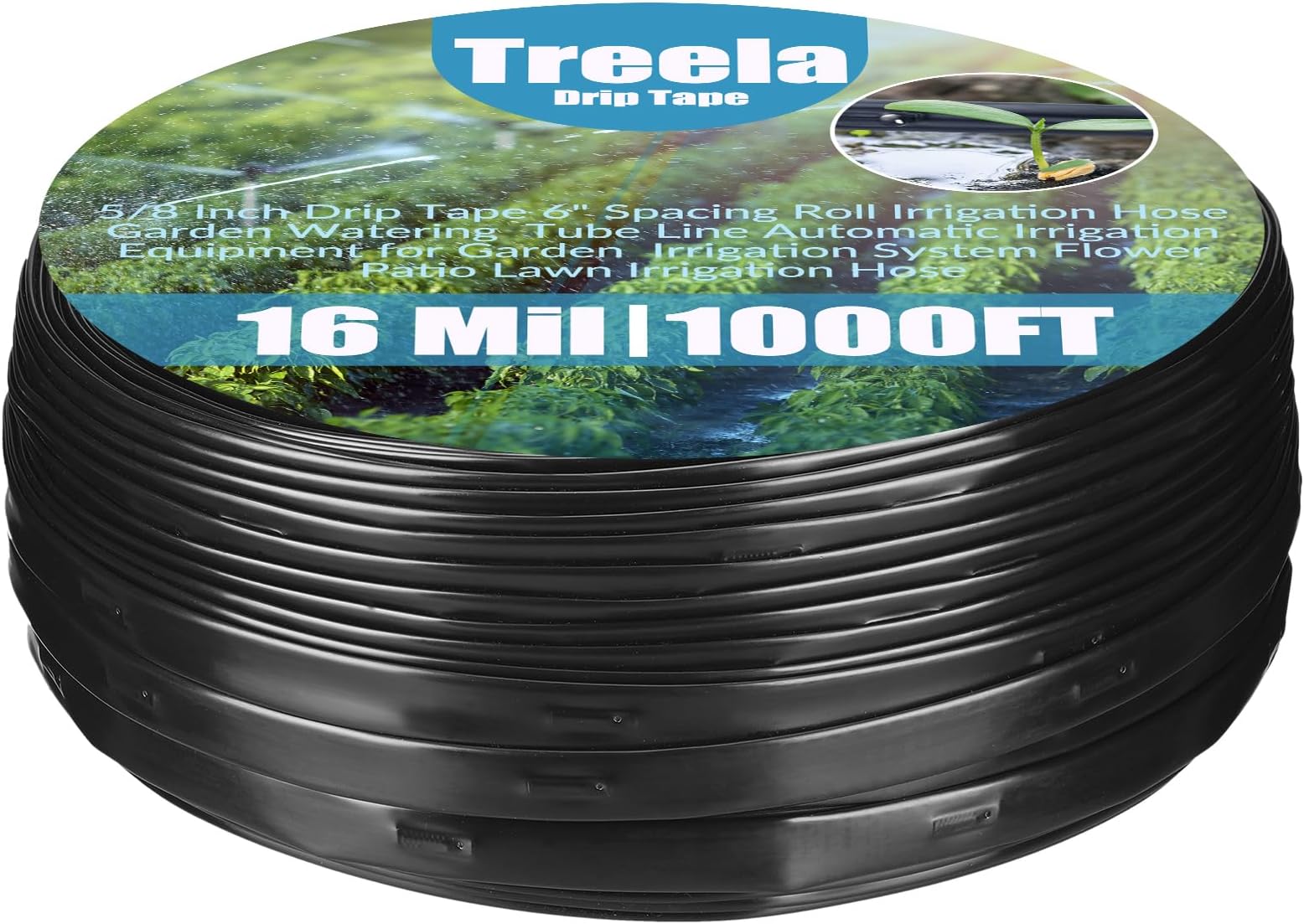 Treela 1000ft 5/8 Inch Drip Tape 6" Spacing Roll 16 Mil Irrigation Hose Garden Watering Tube Line Automatic Equipment for Garden Irrigation System Flower Patio Lawn Hose