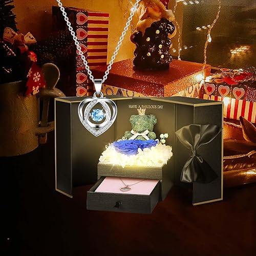 Miniatura 44 de ADDWel Rose Gifts for Women - Preserved Real Roses Forever Purple Flowers with I Love You in 100 Languages Necklace and Cute Moss Bear for