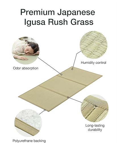 Miniatura 5 de FULI Colchón de tatami japonés, tapete Igusa (hierba 100% japonesa Rush) se pliega en tres, fabricado en Japón (natural, matrimonial)
