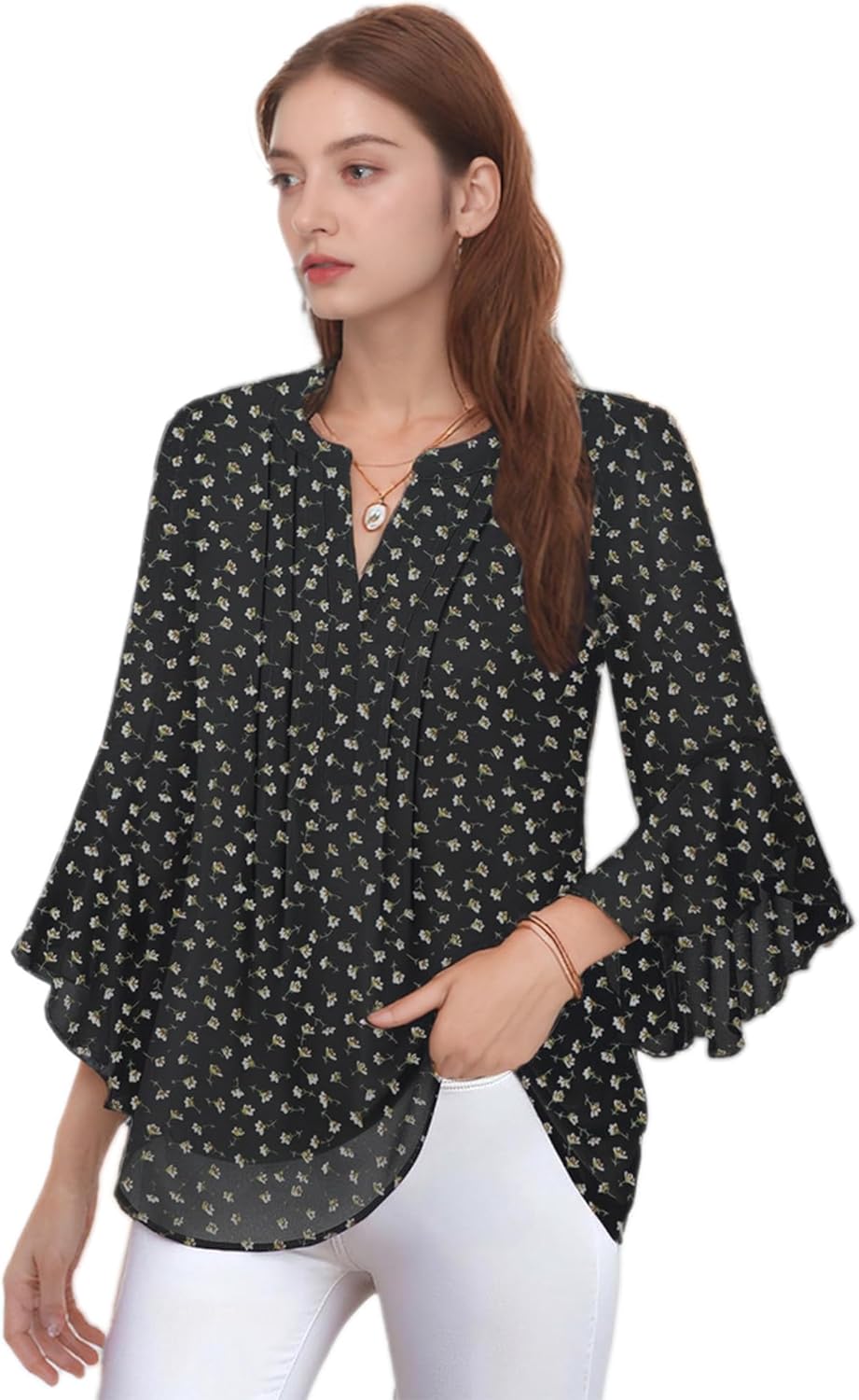 3/4 Sleeve Tops for Women - Dressy Casual Business Work Blouses Fashion Office Shirts Chiffon V Neck Womens Shirts - Image 3
