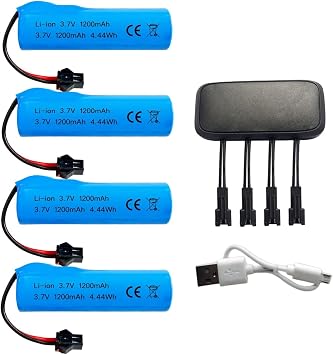 3.7V 1200mAh Li-ion Battery SM-2P Plug and 4-in-1 USB Charger for RC Cars RC Trucks Toy Robots Stunt Cars Bazooka Rocket Bubble Gun Replacement Battery