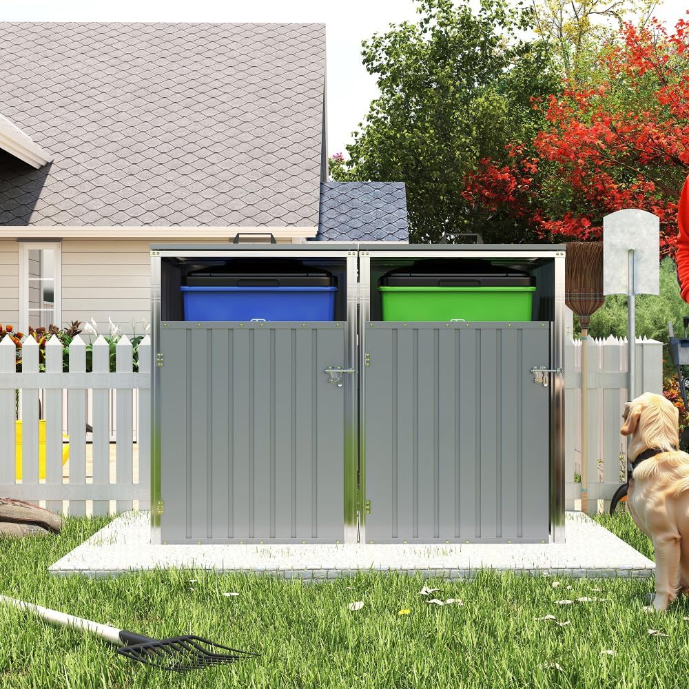 Outdoor Garbage Bin Shed for Trash Can Storage, 54 Cubic Feet Metal Garbage Storage Shed, Stainless Galvanized Steel Yard Lawn Garden Bin Shed, Grey