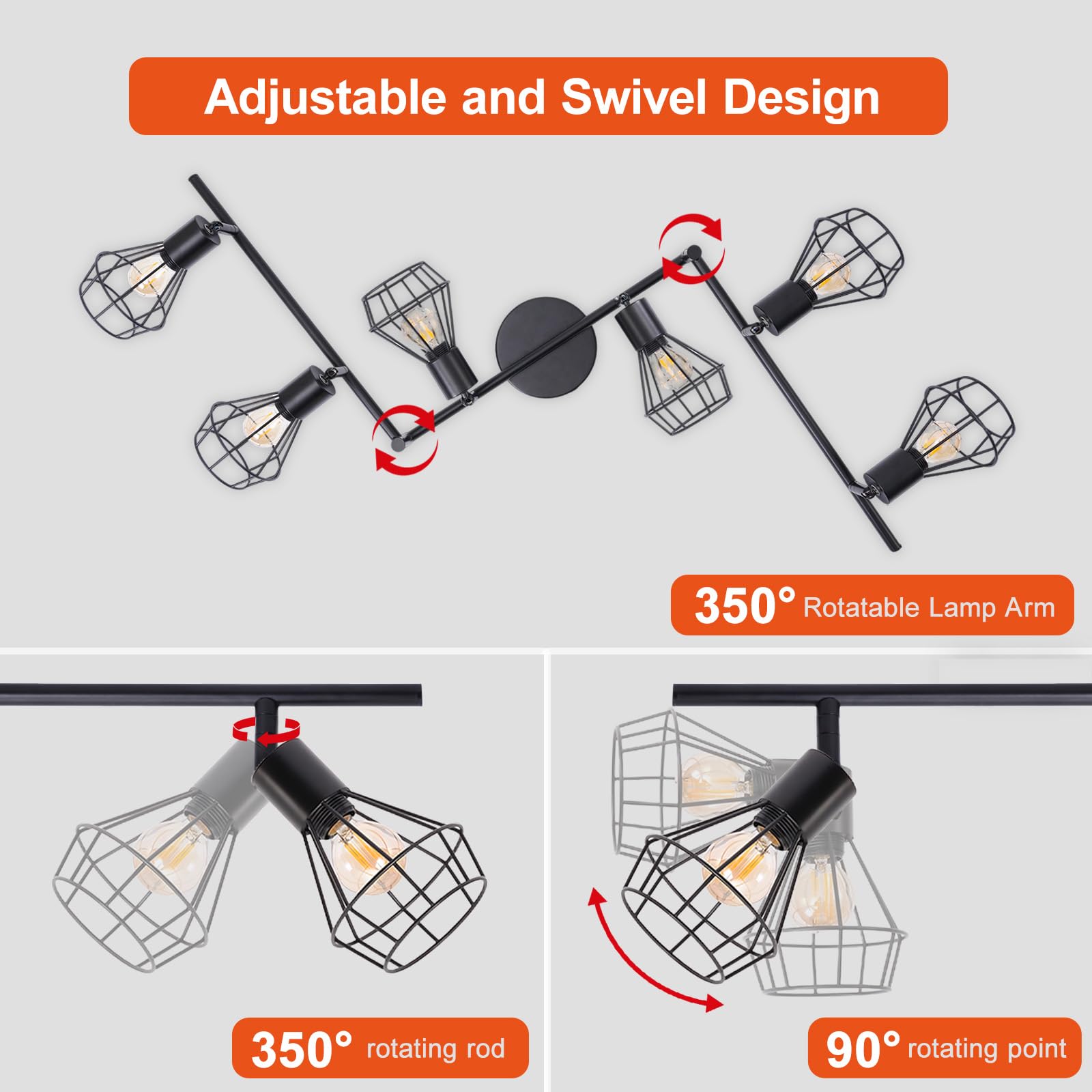 Seruno X Kitchen Ceiling Lights 6 Way Adjustable Spotlights Black, Industrial Wire Cage E14 Base - Image 2
