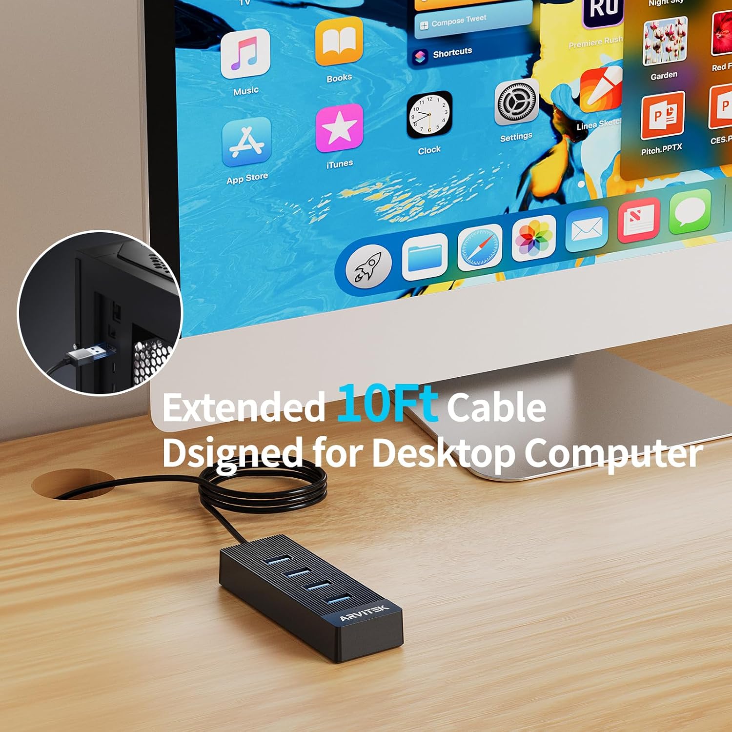 10Ft 4-Port USB 3.0 Hub Long Cable for PC, USB Extender Hub 5Gbps, USB Multiport Adapter, USB Splitter w/Long Cable for Desktop, Laptop, Flash Drive, Mobile HDD, USB Fan (10 Foot / 3m)