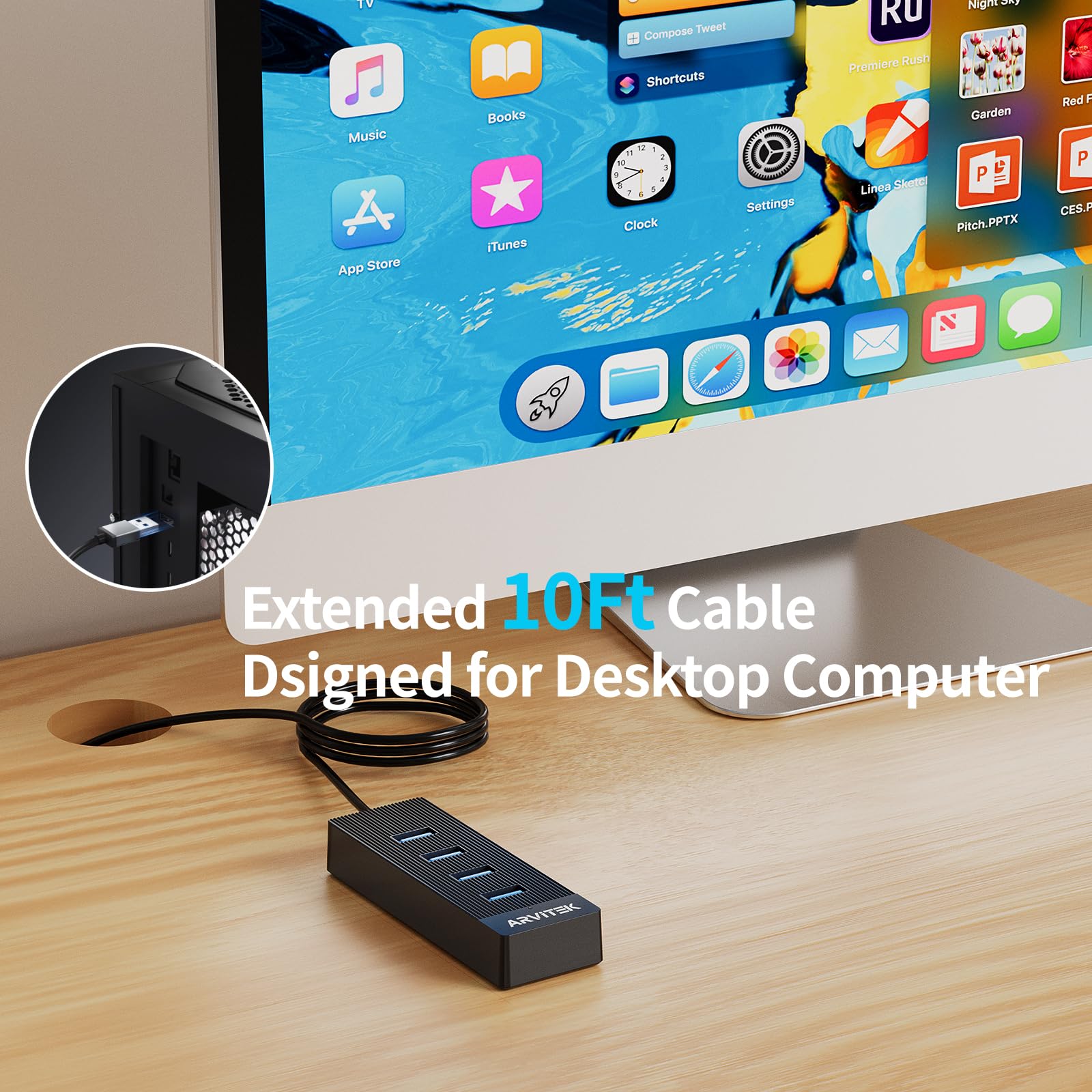 Hub USB 3.0 de 4 puertos de 10 pies para escritorio, concentrador extensor USB de 5 Gbps, adaptador multipuerto USB, divisor USB con cable largo para escritorio, PC, unidad flash, disco duro
