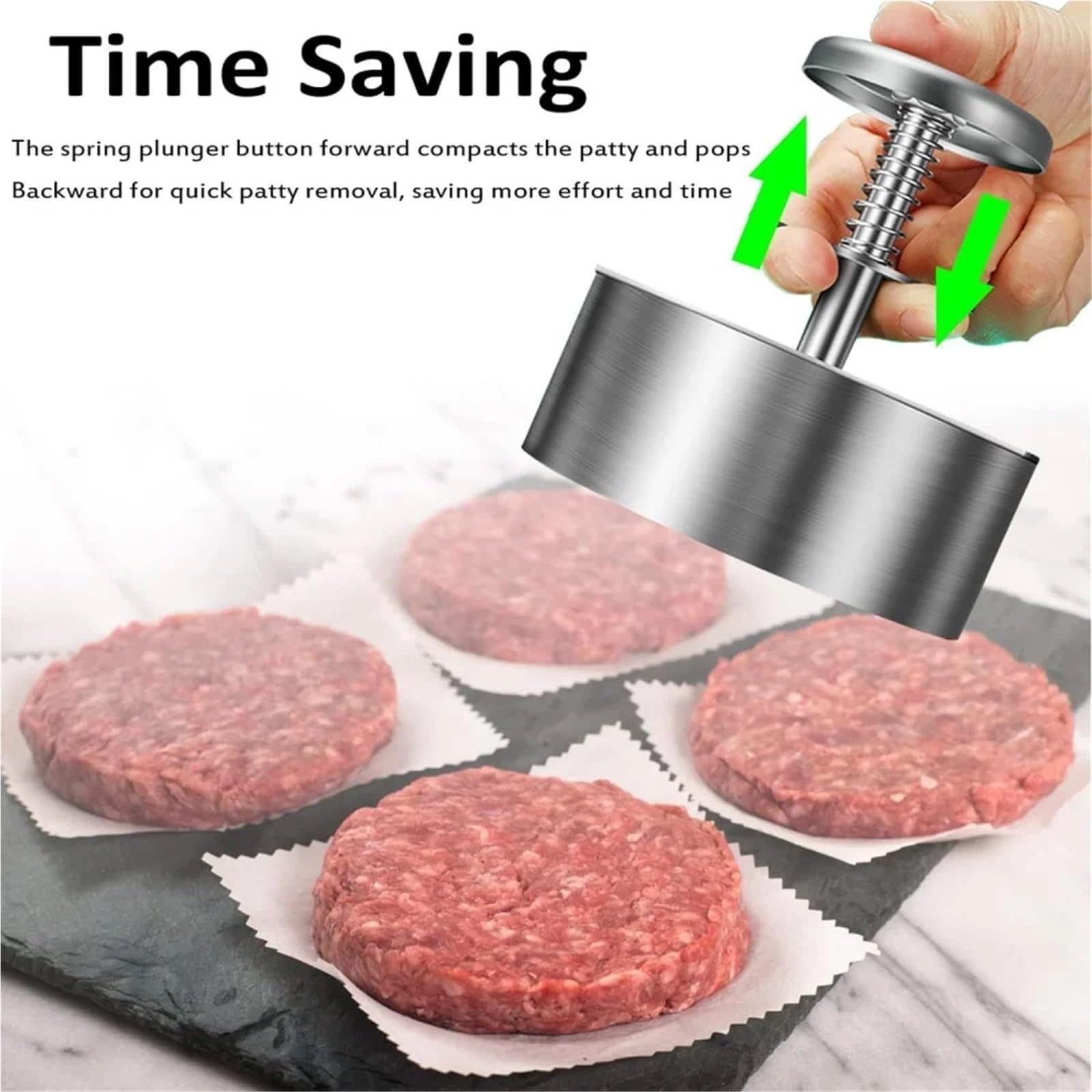 Antihaft-Hamburger-Form, Runde Antihaft-BBQ-Burgerpresse aus 304 Edelstahl, manuelle Dicke, verstellbar von 8–14 cm(Diameter 14 cm)