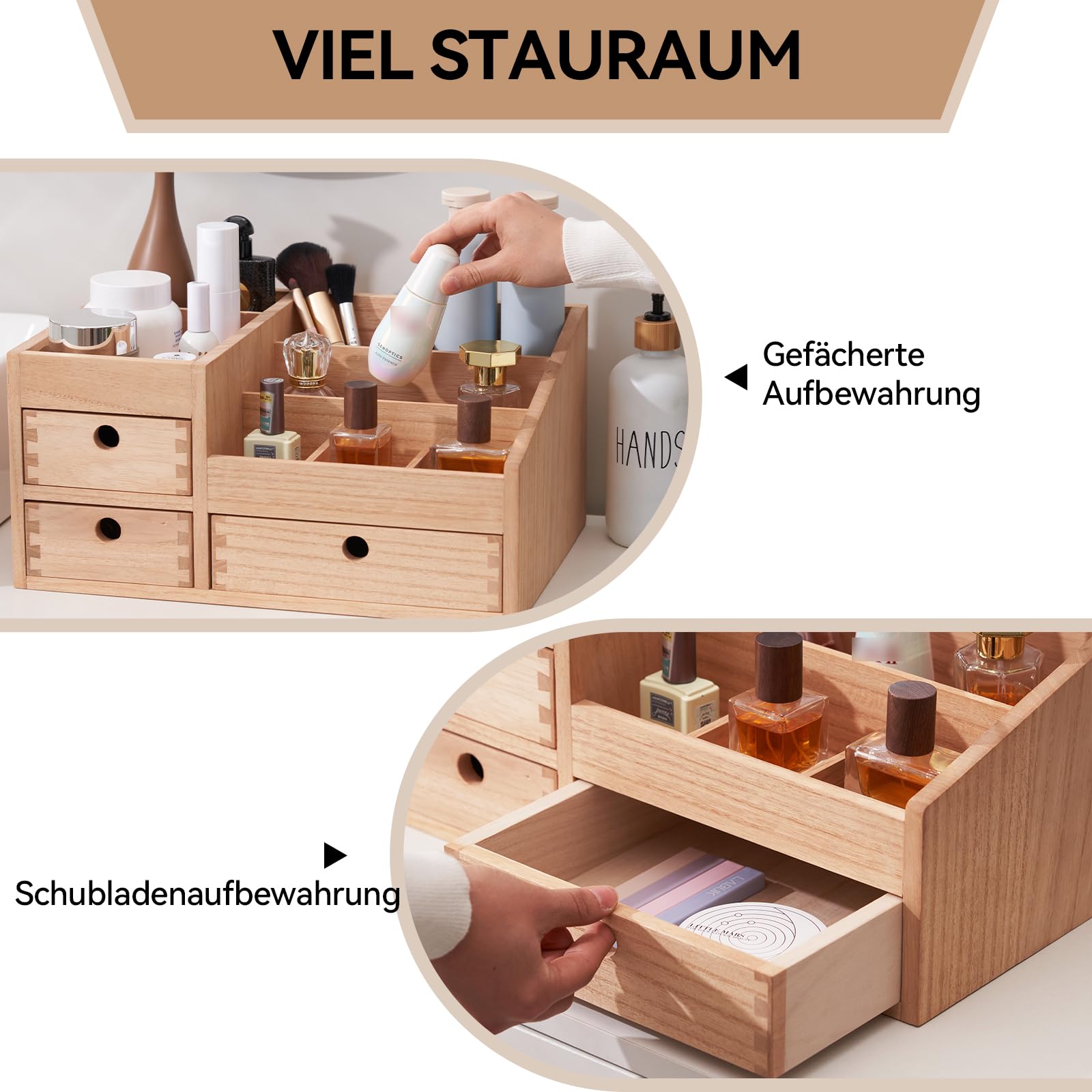 KIRIGEN Kosmetik-Organizer Holz, Schubladenbox, Make-up-Organizer, Natur | 3 Schubladen, 8 Fächer; fertig montiert; Zapfenverbindungen; Pflanzenöl; 38 × 27 × 17,8 cm