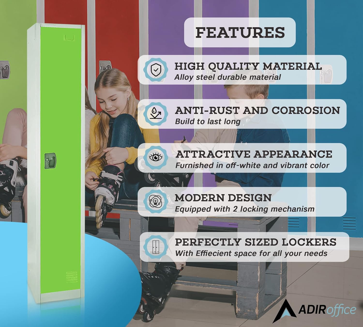 AdirOffice Large Steel Metal Storage School Locker - Single Tier Free Standing Storage Compartment - Secure Colorful Spacious Organizer Perfect for Academic and Commercial Use (Green)