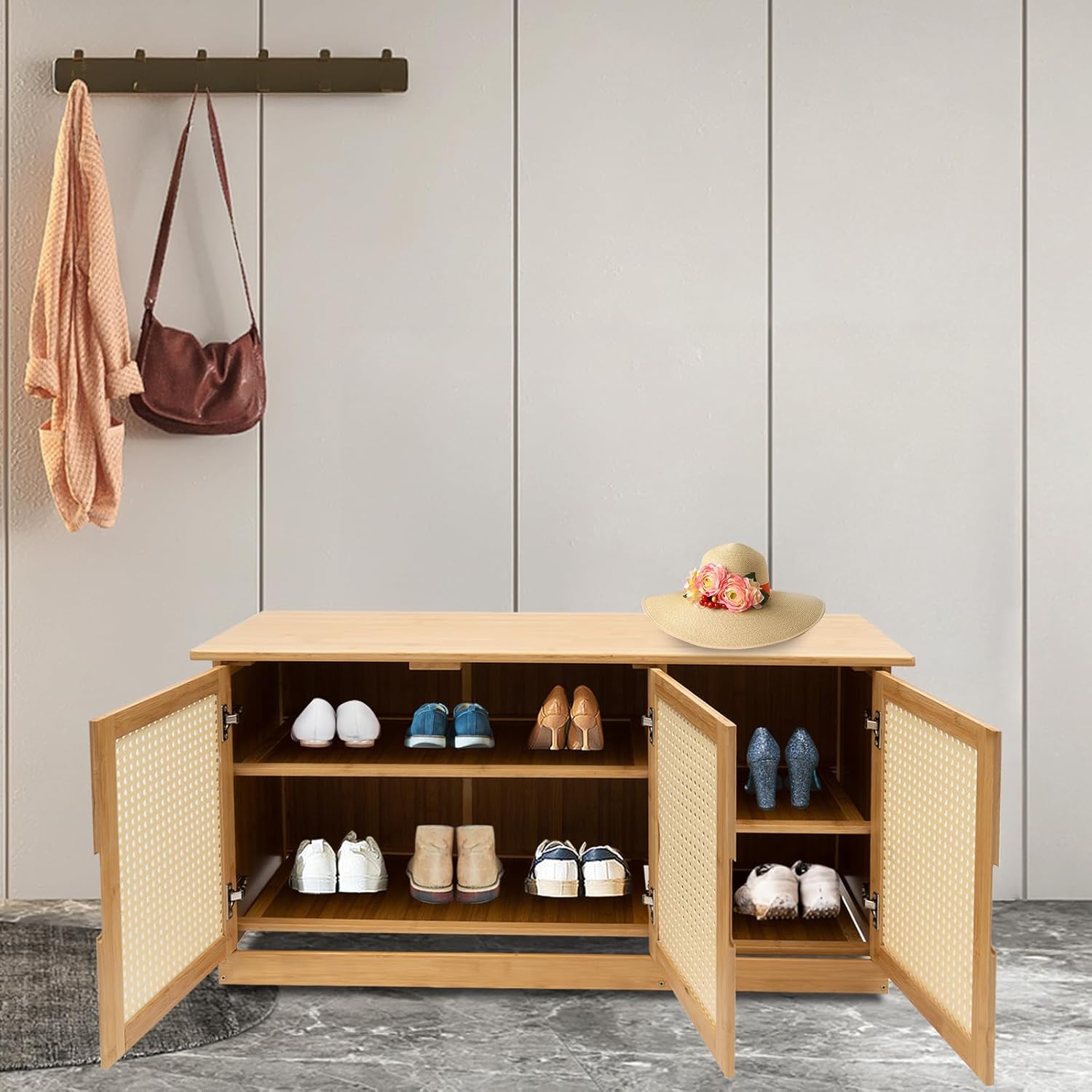 Shoe Storage Bench 100x32x47cm with Plastic Rattan Doors, 2-Tier Adjustable Shoe Rack Organizer for Entryway Bedroom Hallway, Flip Top Entry Bench Holds 8-10 Pairs, Space Saving Shoe Cabinet Stool