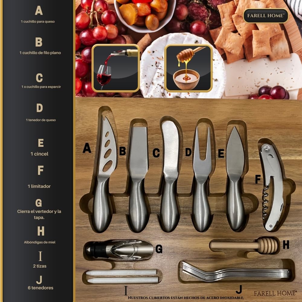 Tabla de quesos y embutidos de madera de acacia - Plato de quesos para aperitivo - Cubiertos de cerámica, pizarra y ramequín - Caja de degustación XL - Idea de regalo.