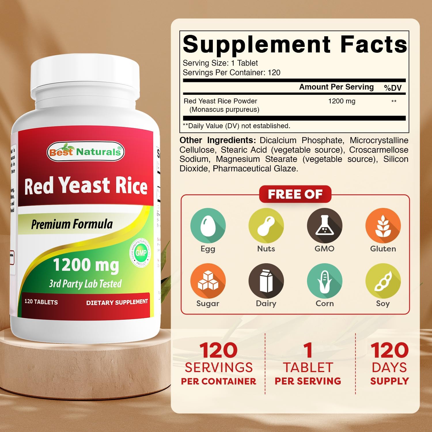 Best Naturals Red Yeast Rice 1200 mg (Non-GMO) 120 Tablets (120 Count (Pack of 2)) - Image 2