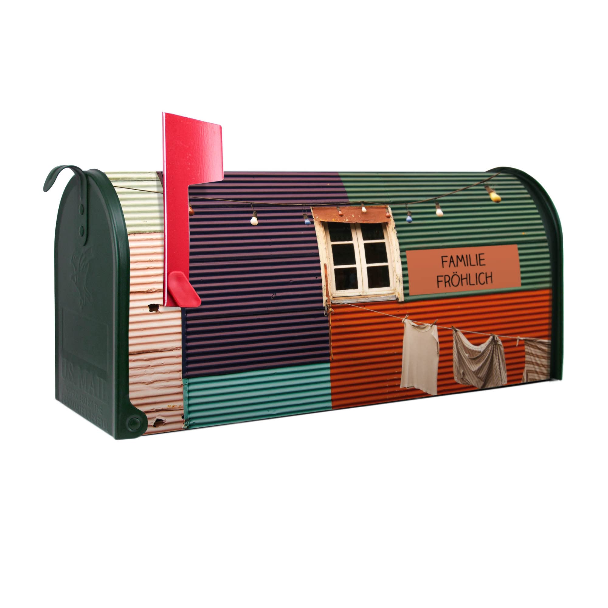 banjado® Amerikanischer Briefkasten - US Mailbox/Letterbox mit Motiv Buntes Haus 51x22x17cm - Postkasten Stahl aus Amerika – Briefkasten amerikanisch grün pulverbeschichtet