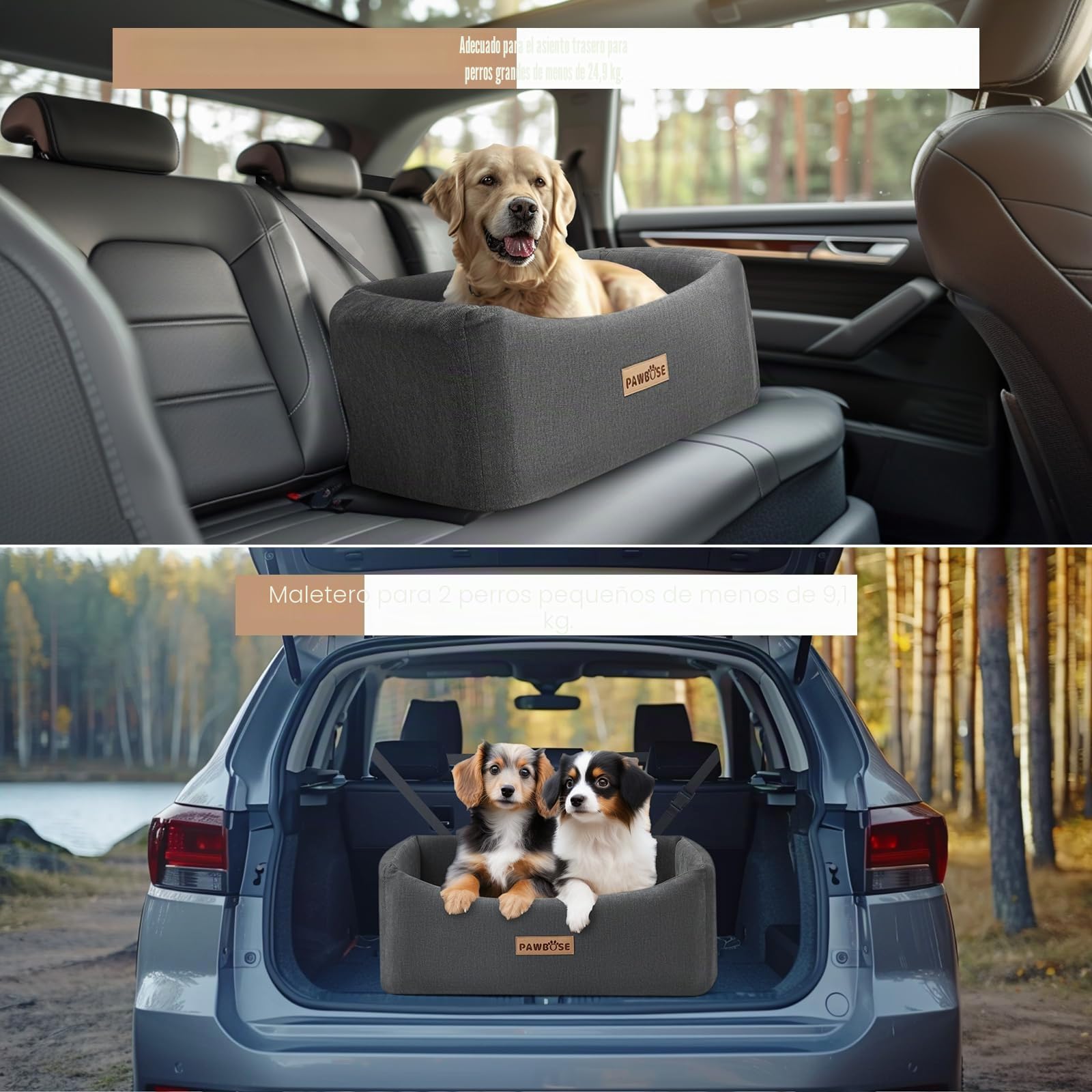 Asiento de Coche para Perros Grandes 25 kg, 2 Perros Pequeños, Cojín Grueso, Gris Elevado Cama Coche Perro