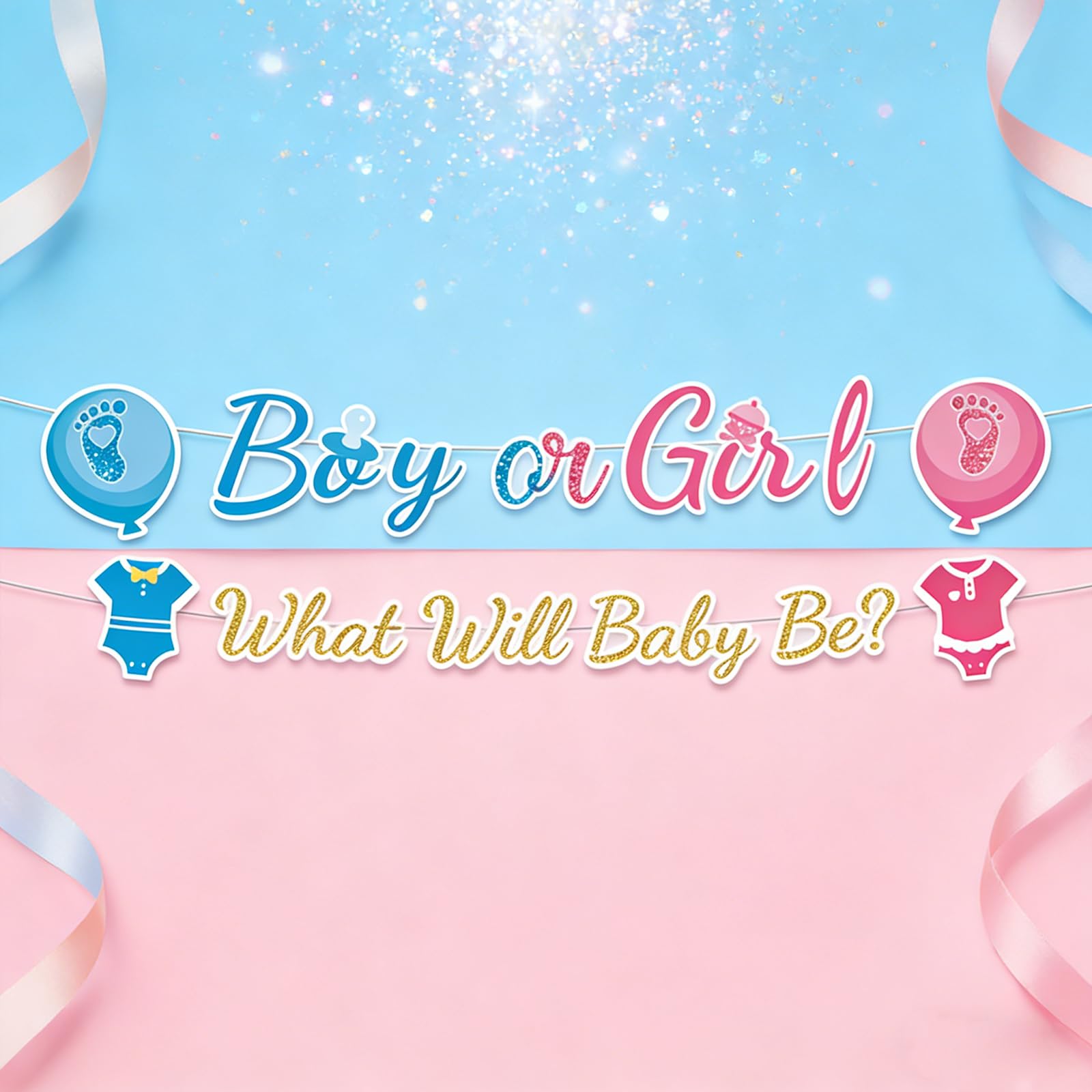 Gender Reveal Banner - Easy Assemble with Ribbon & Needle, Durable 300gsm Cardstock Baby Shower Decoration, Blue/Pink Party Backdrop for Gender Reveal Party