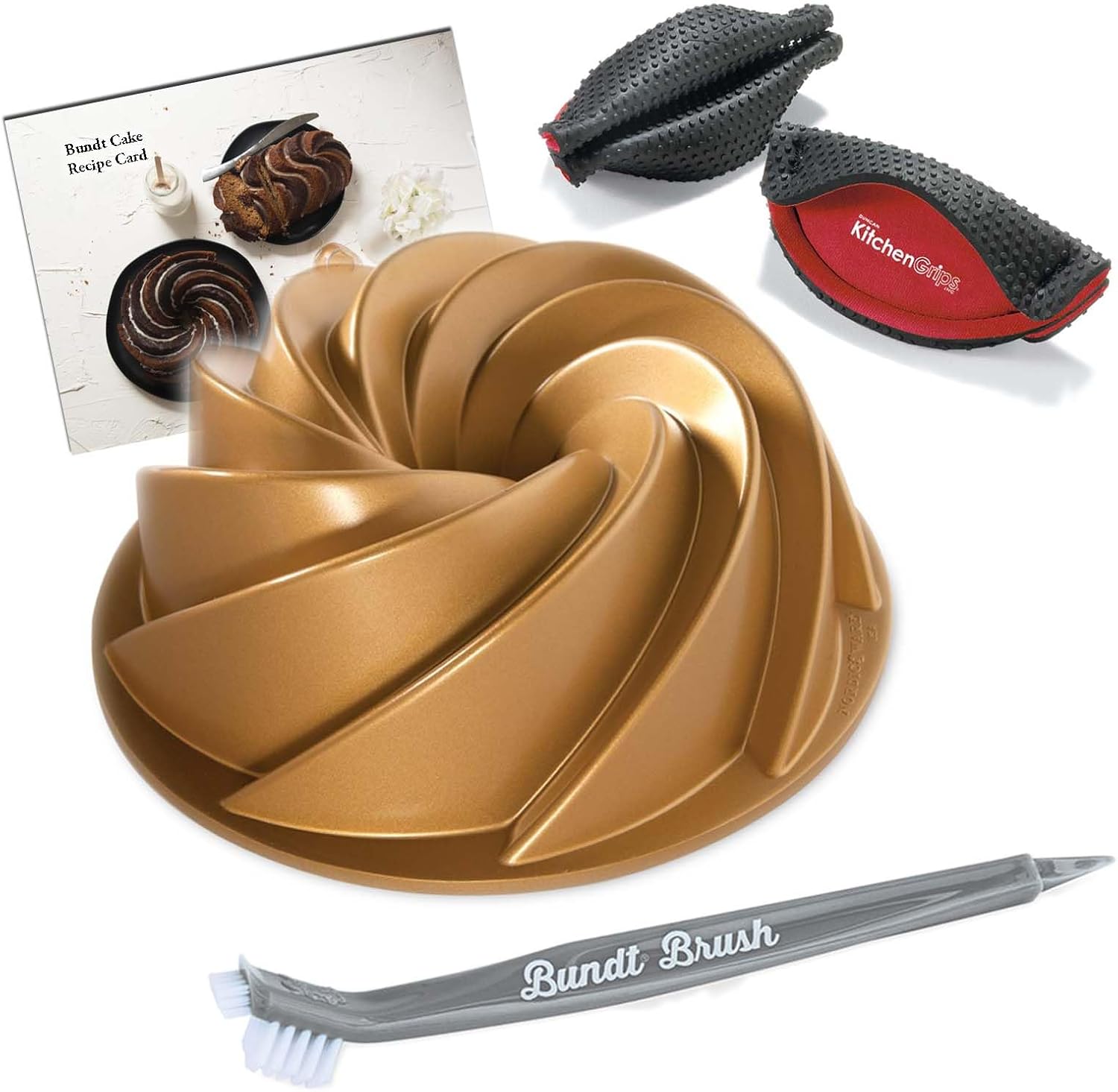 Nordic Ware Heritage Bundt Pan Gold 10 Cup Capacity With Cleaning Tool + Grips Pot Holder and Recipe Card