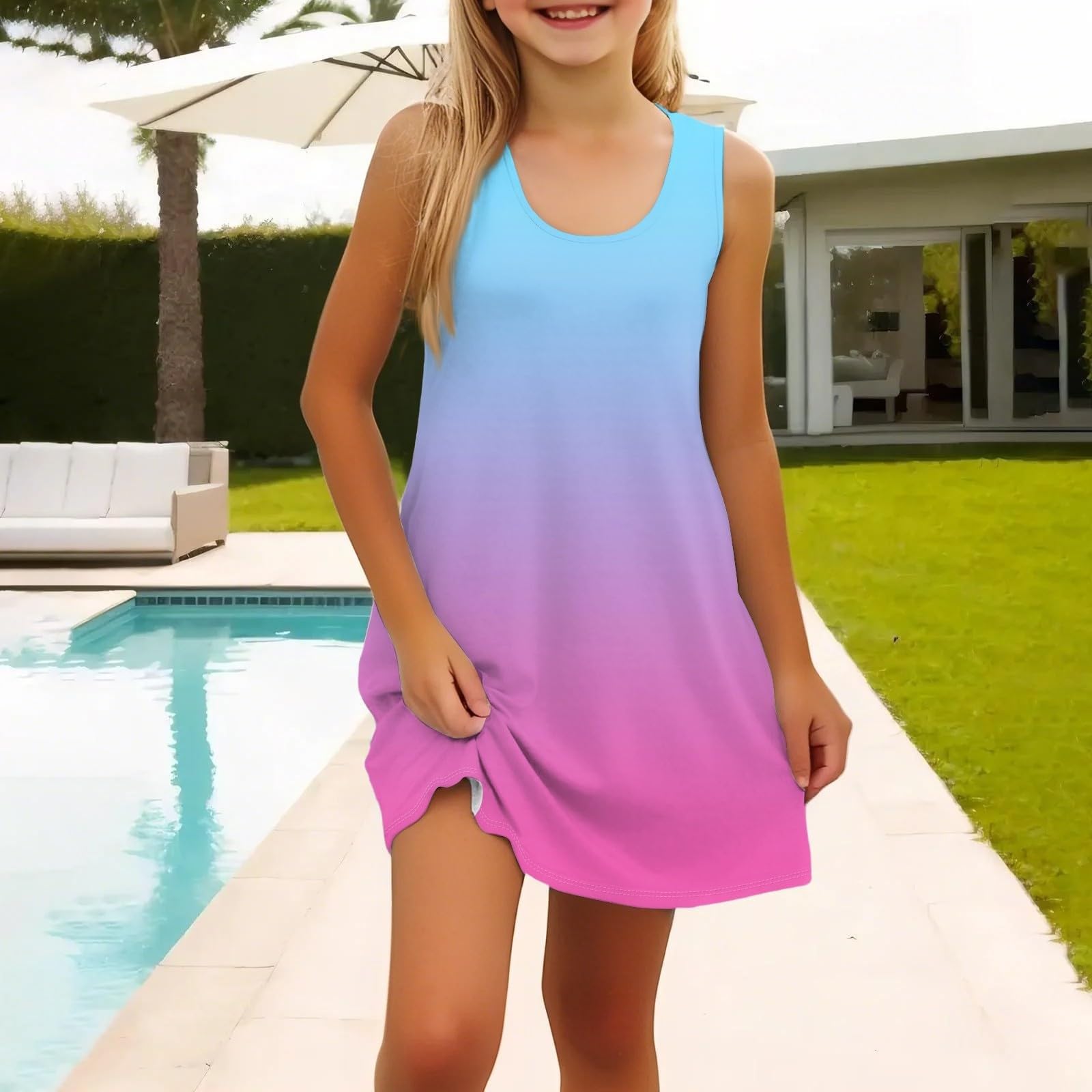 Vestito estivo da bambina, senza maniche, estivo, per feste in spiaggia, con scollo rotondo, leggero, linea ad A, casual, alla moda, boho, prendisole