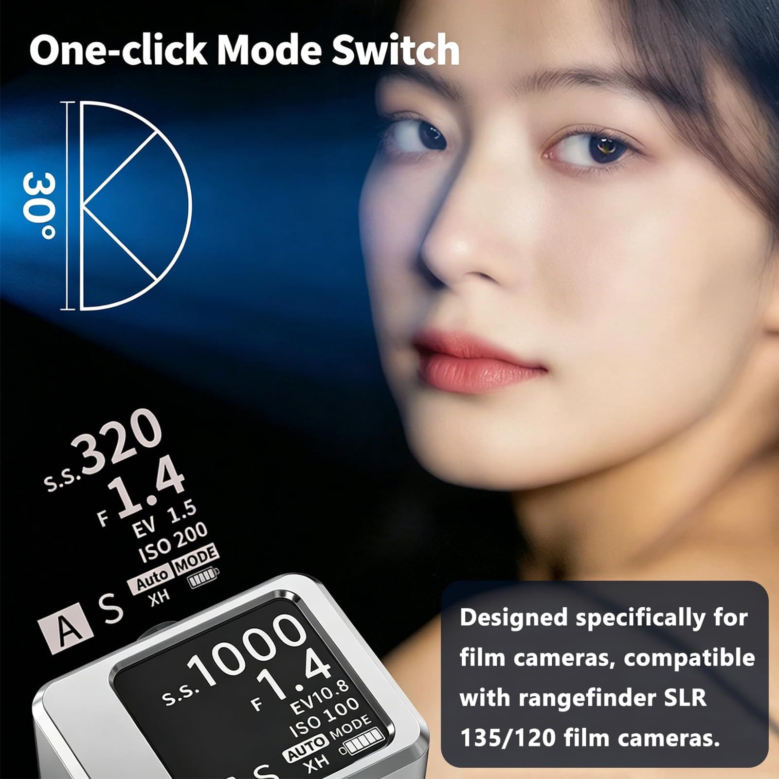 Misuratore di luce digitale per fotocamere, 30° FOV Riflesso, con ampio schermo OLED, gamma EV 1 – 22, sensore ad alta precisione, ricaricabile, attacco a slitta fredda