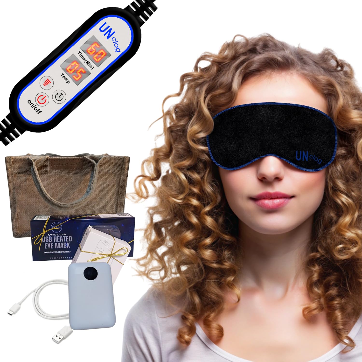 UNCLOG Heated Eye Mask with Power Bank USB Powered Far Infrared Warm Compress Soft Plush Velvet Adjustable Strap