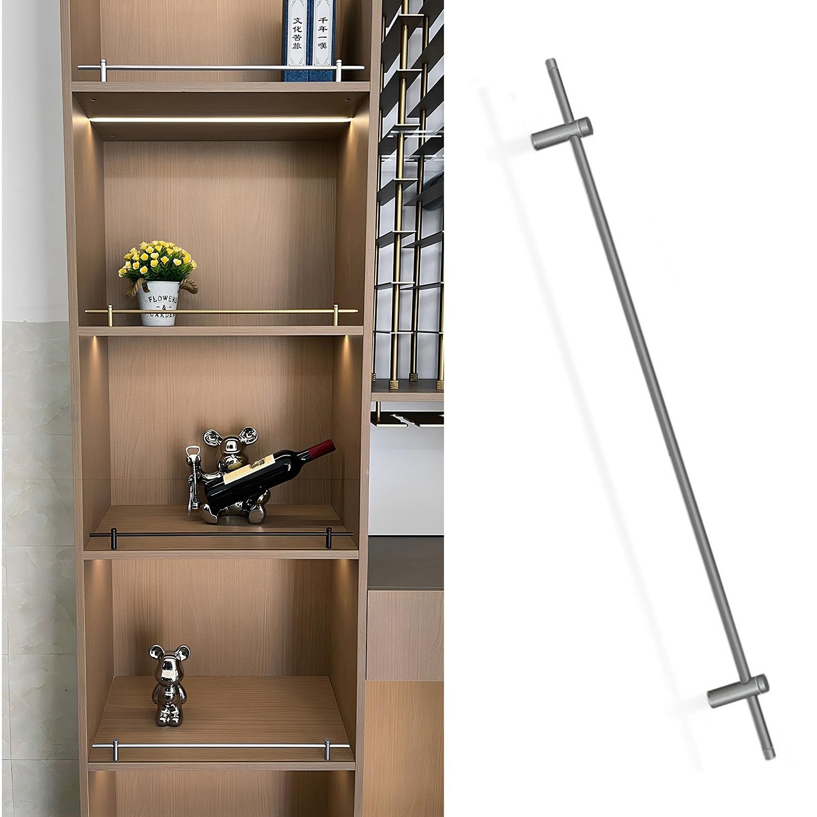 MESCXTY Metal Shelf Fall Protection Guard Rail, 14~42 Inch Long Decorative Tipping Rail Set for Wood/Gallery Shelves, Bookshelf, Shoe Racks, Cabinets Guardrail Bar(Gray-2 Pack,17in/43cm)