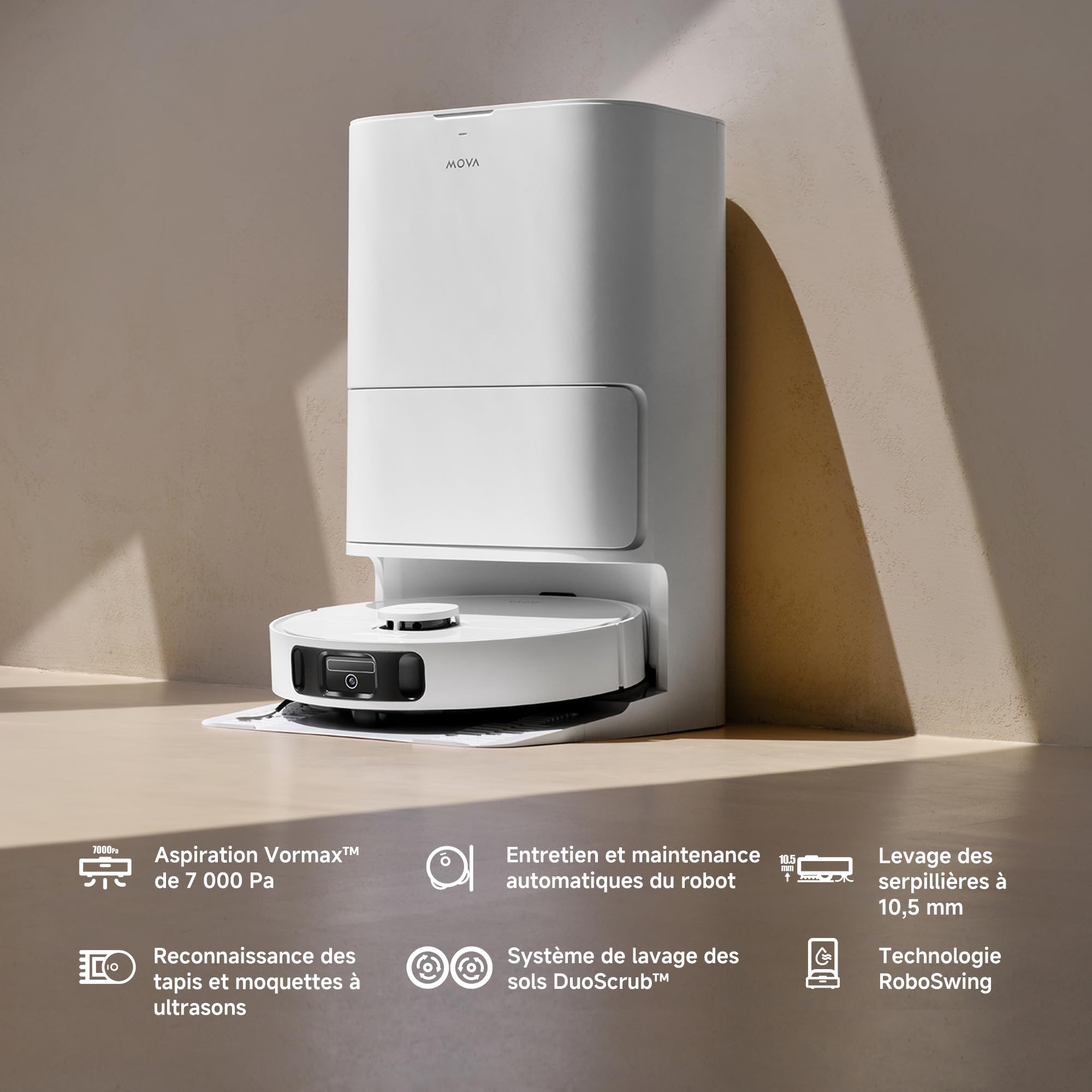 Mova E30 Ultra Robot Odkurzacz i myjka, 7000 Pa z automatycznym opróżnianiem, nieplączącą się, samooczyszczającą ściereczką, podnoszeniem 10,5 mm i ultradźwiękowym wykrywaniem dywanów, biały