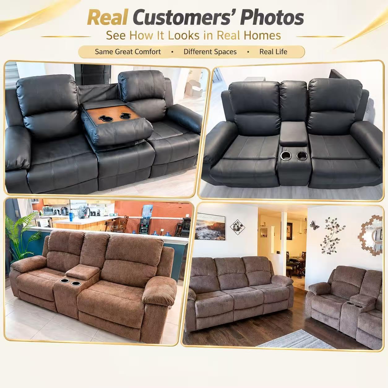 Toseslo Manual Reclining Couch Sofa Set with Drop-Down Table, 3 Pieces Brown Leather Recliner Couch Sets, Living Room Furniture Sets, Recliner Sofa with Storage Console/Cup Holder for Home/Apartment view 7