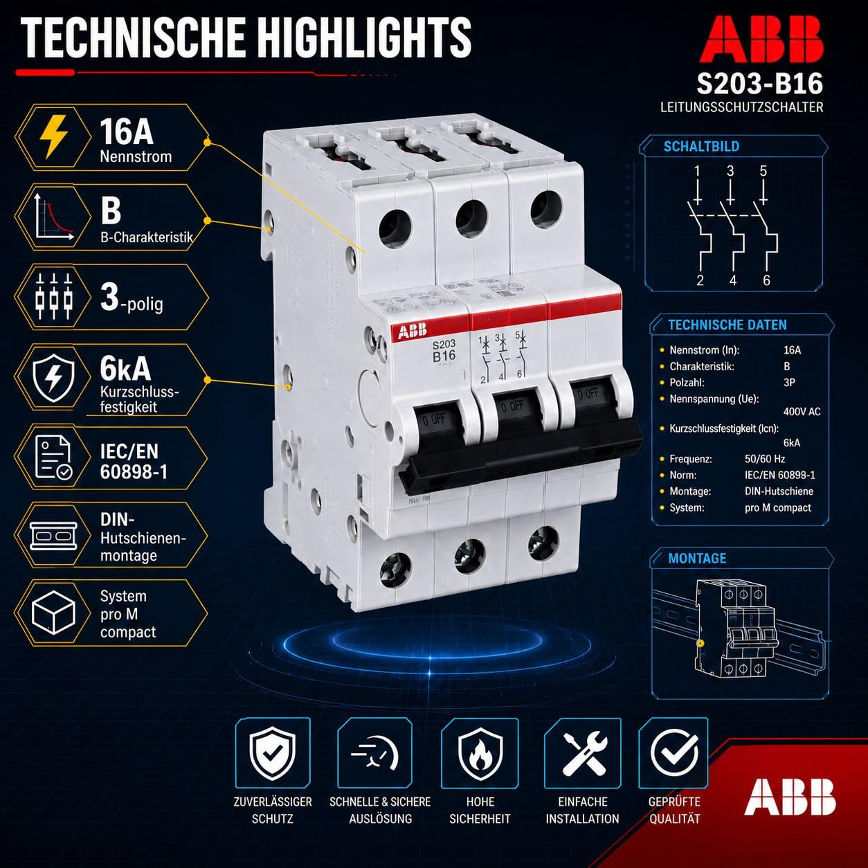 ABB S203-B16 Leitungsschutzschalter System pro M compact® Drehstrom (3P), Charakteristik B bis 16A, 6kA Kurzschlussfestigkeit